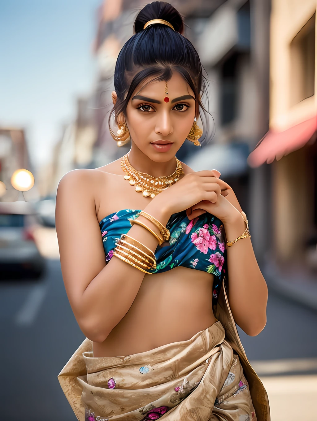 photo of a stunning beautiful Indian woman, honey eyes, light brown high ponytail hair, flipping hair, closeup zoomed in tight crop portrait, walking down a (big city alley people cars scene:1.2) wearing a (floral gauze sarong and rich Indian jewelry:1.3) (shopping bags on her hand:1.3) (Lighting-Gold:1.2) foreground objects background details (masterpiece:1.2) (photorealistic:1.2) (bokeh:1.2) (best quality) (color grading) (detailed skin:1.3) (intricate) (8k) (HDR) (cinematic lighting:1.3) (sharp focus), high ponytail hair