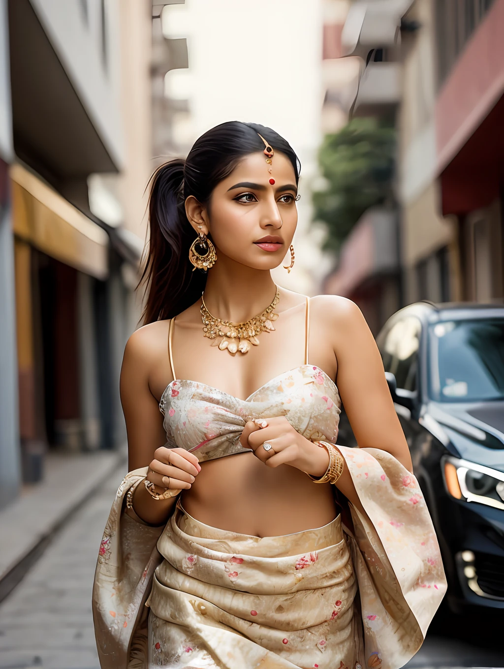 photo of a stunning beautiful Indian woman, honey eyes, light brown high ponytail hair, flipping hair, closeup zoomed in tight crop portrait, walking down a (big city alley people cars scene:1.2) wearing a (floral gauze sarong and rich Indian jewelry:1.3) (shopping bags on her hand:1.3) (Lighting-Gold:1.2) foreground objects background details (masterpiece:1.2) (photorealistic:1.2) (bokeh:1.2) (best quality) (color grading) (detailed skin:1.3) (intricate) (8k) (HDR) (cinematic lighting:1.3) (sharp focus), high ponytail hair