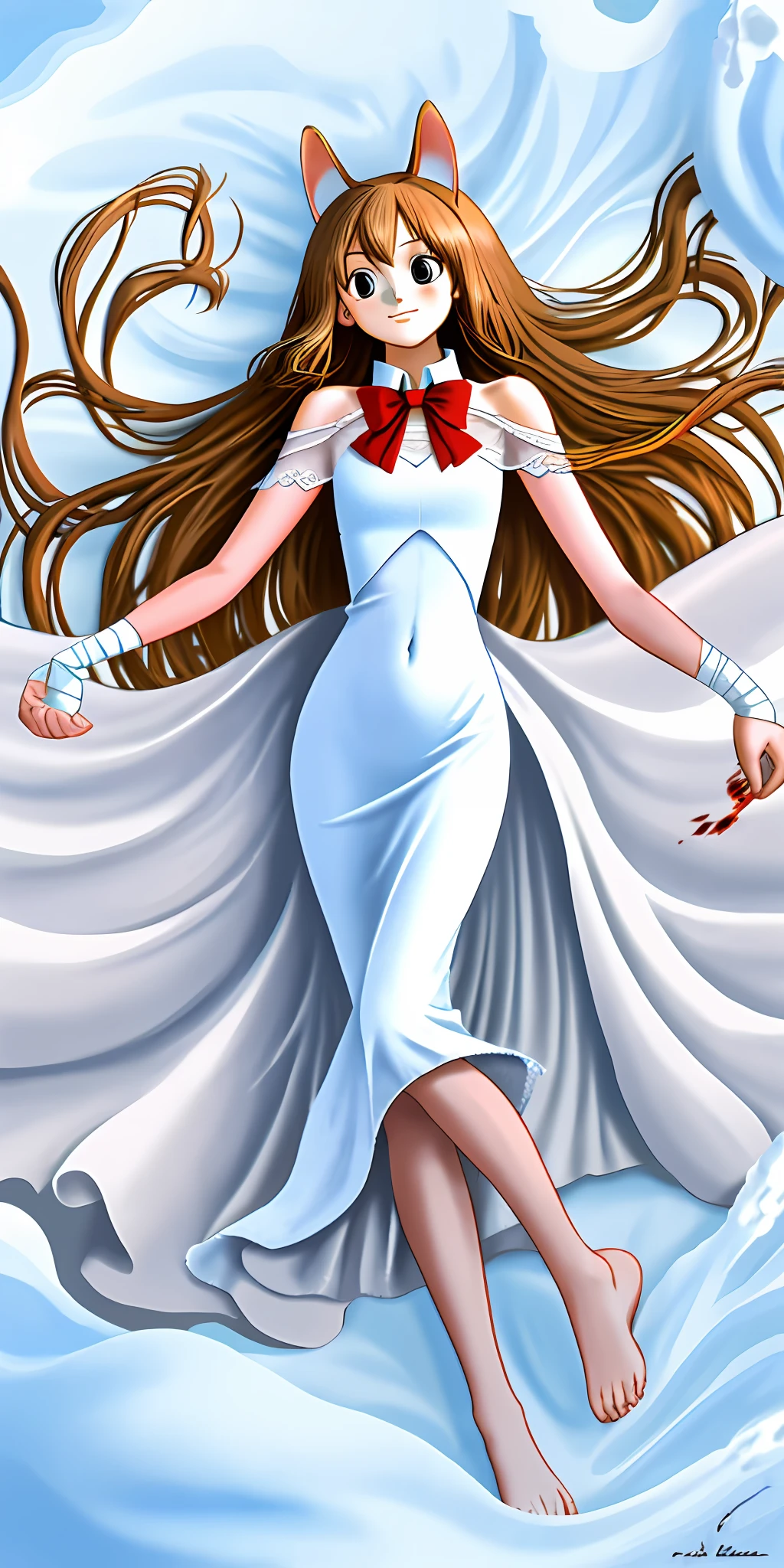 High quality, a thin white dress clings to her, and the diamond-shaped opening in the middle of the dress completely exposes the flat lower abdomen along with the navel. A blood-red bow tie is worn on the chest, adding a touch of gentleness and charm to the pure girl. A pair of long legs loomed under the cover of the white dress, and there were no shoes on the feet, only a few snow-white bandages wrapped around the ankles and the center of the feet, revealing the white and cute toes. Long chestnut hair was scattered over the shoulders, smooth and soft, and a pair of slender fairy ears loomed under the cover of the hair