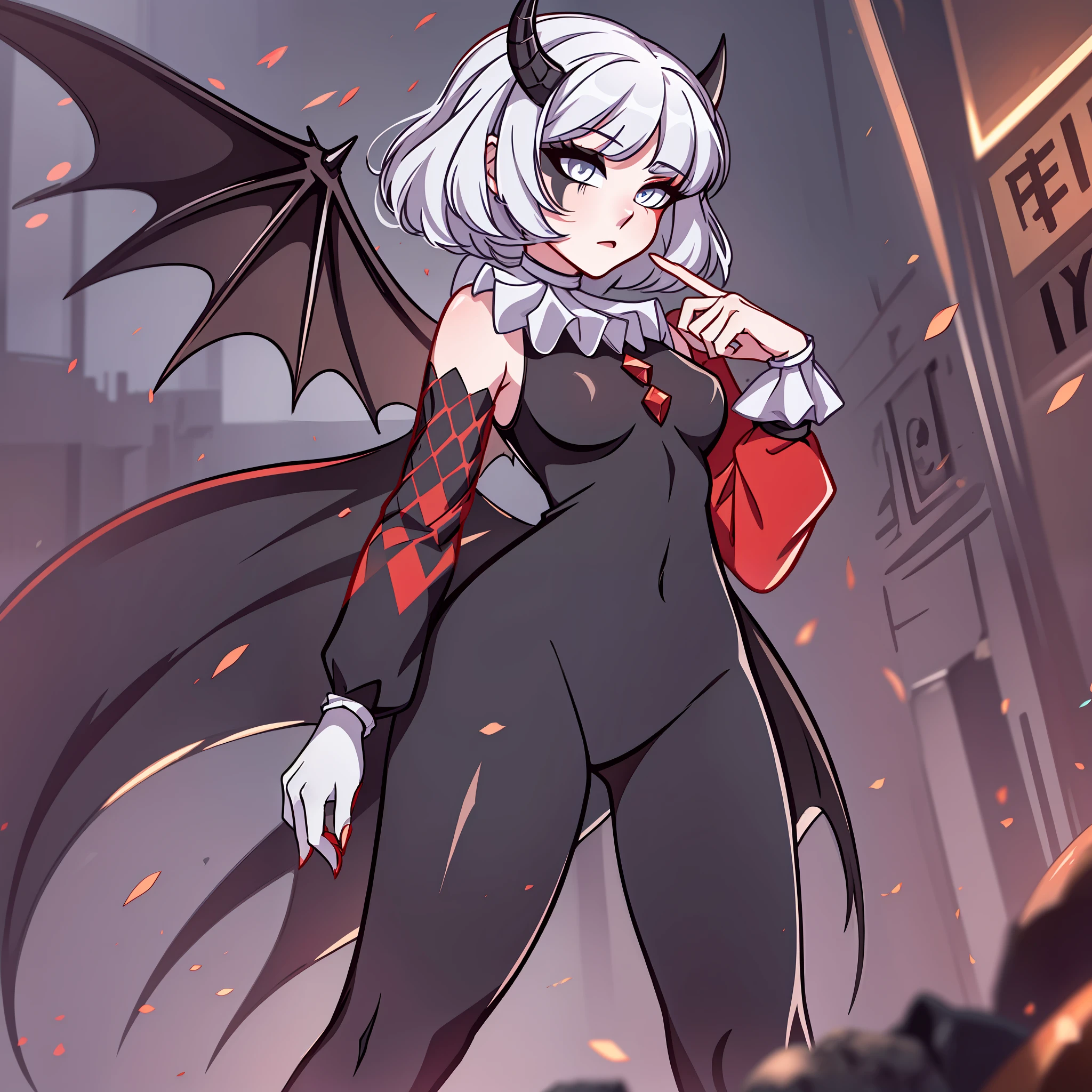 (Best quality: 1.0), (super high res: 1.0), extremely detailed character, detailed Hands, half-dragon girl, horns, scales on the neck, scales on the shoulders, scales on the forearm, scales on the cheek, woman with dragon's tail, extremely detailed hair, short hair, ((white hair)), ((black locks)), extremely detailed eyes, (right eye white and left being black), dragon eyes, 2d, anime art, /young, ((full body)), standing, medieval, Rpg, small breasts