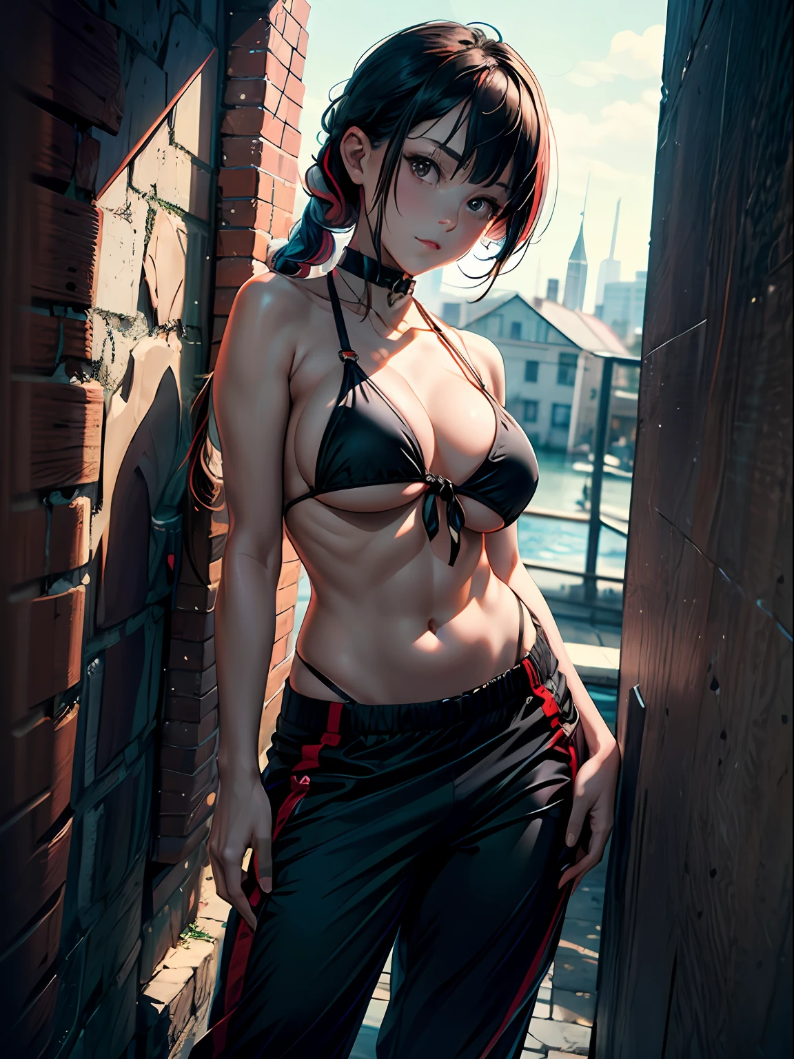 (masterpiece, best quality), 1girl, (seductive smirk:0.75), upper body, looking at viewer, side tied bikini top, ((pubis, groin, crotch)), braid, (((pants pull))), choker, multicolored hair, wide hips,