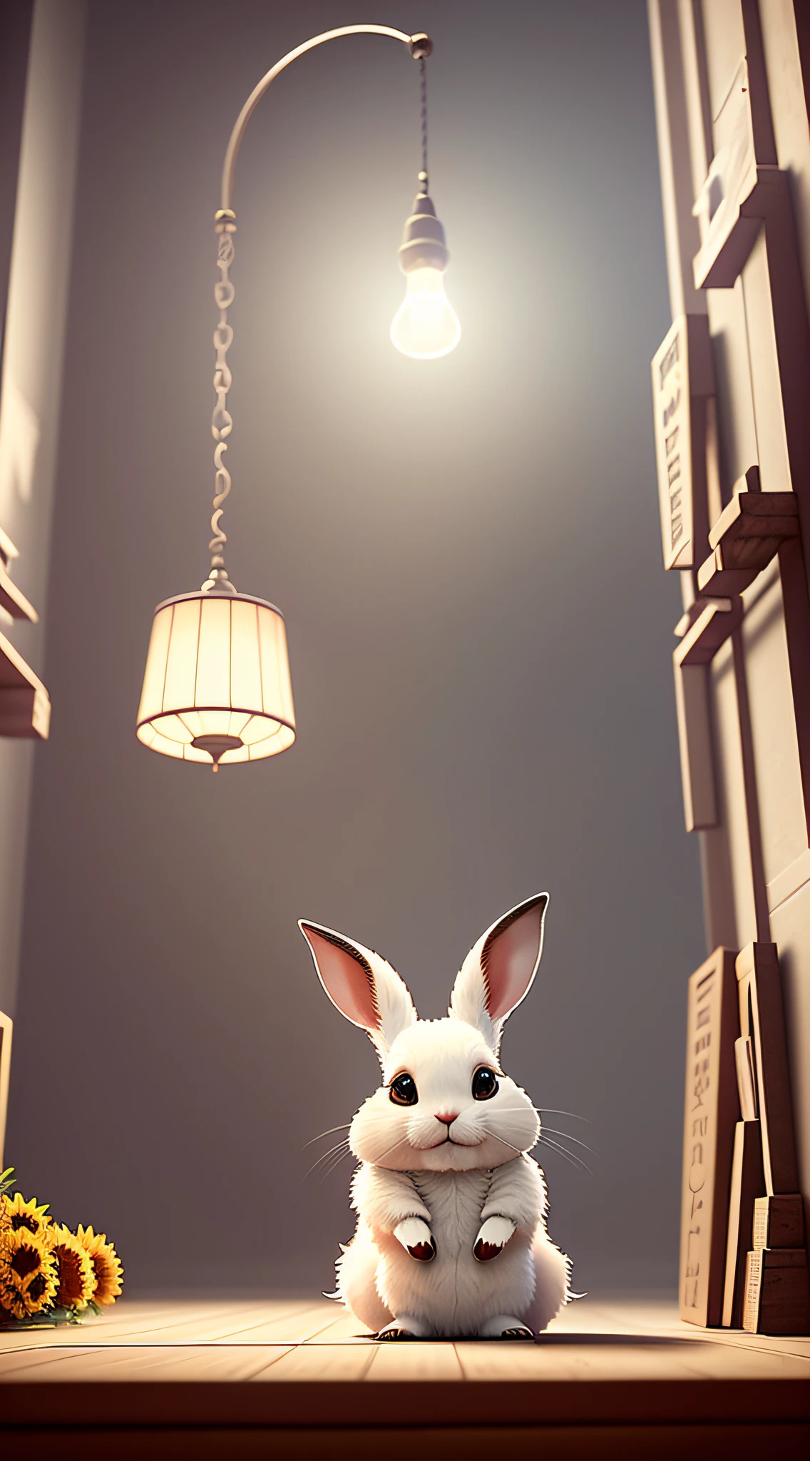 Flowers, Cute adorable little bunny waving and smiling greeting me, unreal engine, cozy interior lighting, art station, detailed digital painting, cinematic, character design by mark ryden and pixar and hayao miyazaki, unreal 5, daz, hyper realistic, octane render, 3DMDT1