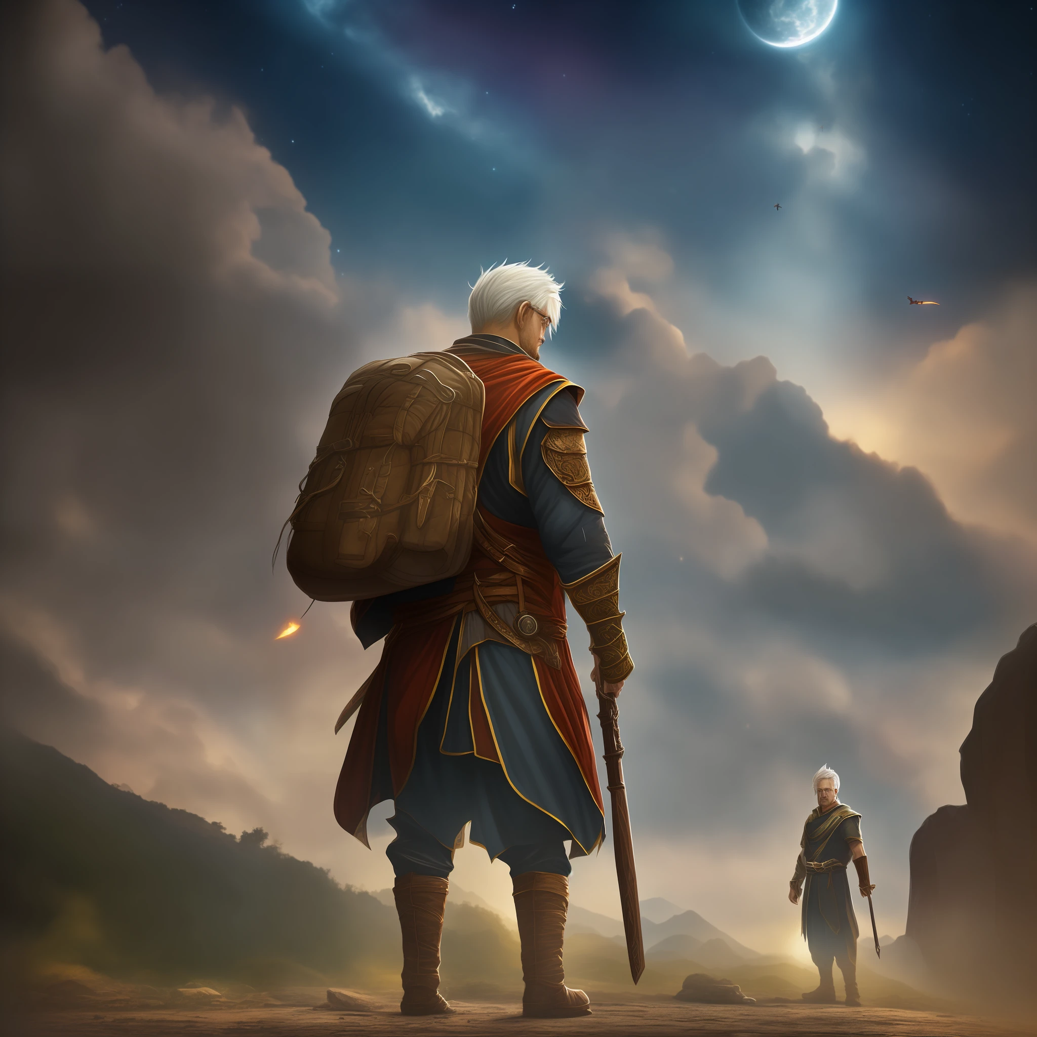 White-haired man juggled praying with a cross pirgent his outfit is old, hazy and apocalyptic scenery, a wandering backpacker next to him with a pistol in his hand, humanoid creatures flying through the dark sky ((((poster style RPG)))