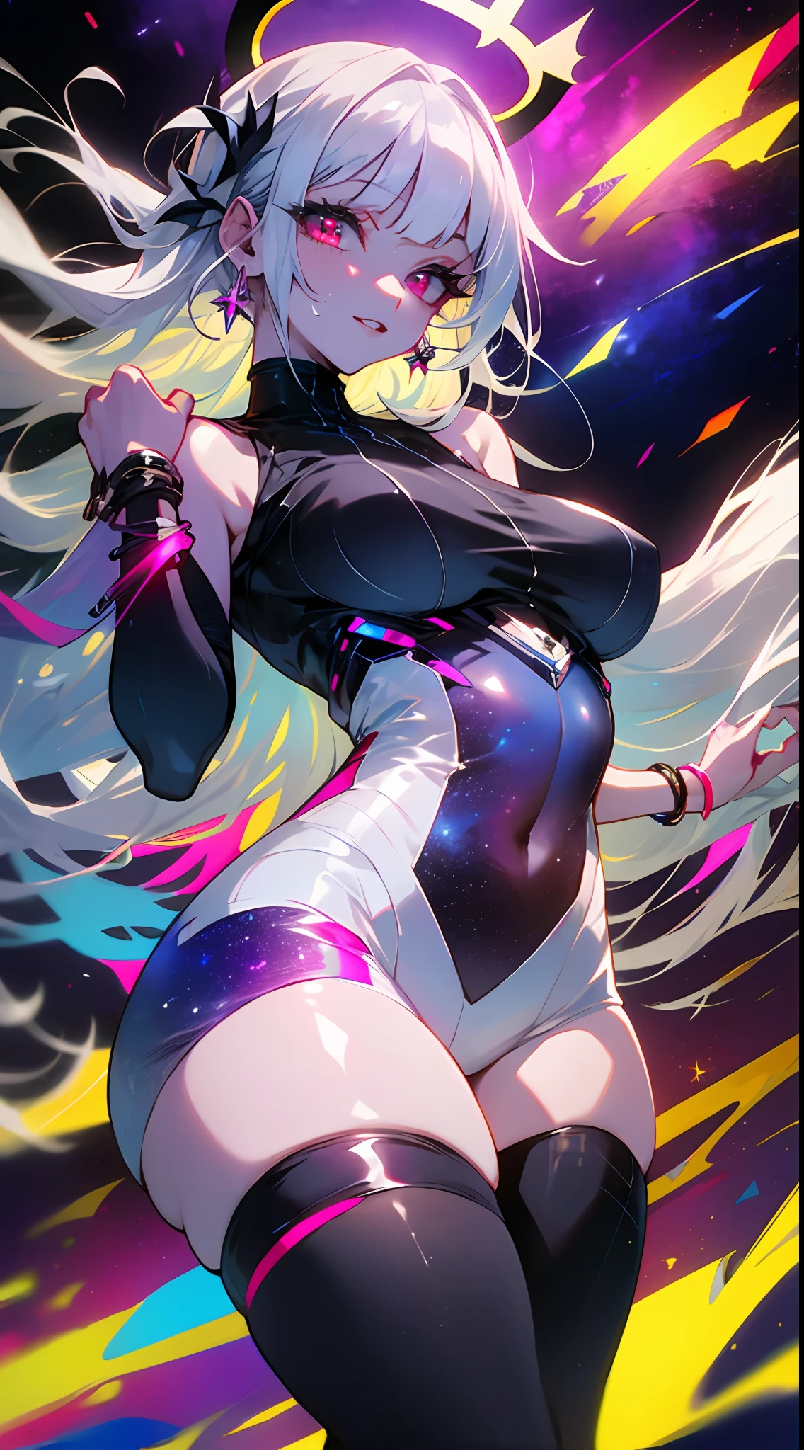 (simple hands:0.5)+(detailed hands:0.7), (masterwork), (best quality), white hair, red eyes,1girl, pale skin, white hair, red eyes, two tone hair, eyelashes, bracelet, jewelry, smile, gleaming skin, shiny hair, detailed and majestic stage, Fantasy, Long Hair, 1 girl, two-tone hair, night sky, Incredibly detailed CG illustration masterpiece, looking at you, anime, beautiful anime eyes, beautiful detailed eyes, eyes, glittering eyes, red eyes, galaxy, nebula, (full body), (curvy), POV, wet neckline, (thick thighs), 4k hd, ultra realistic, perfect body, perfect lips, perfect nose, perfect eyes, looking at the viewer, Neon, Neon Lights, Bright Colors, Toga, Angelic, Halo, Punk, Rock, Goth, Pale Skin, White Skin, Sleeveless Outfit, Pants, Thigh Highs, Body Suit, Socks, Stockings,