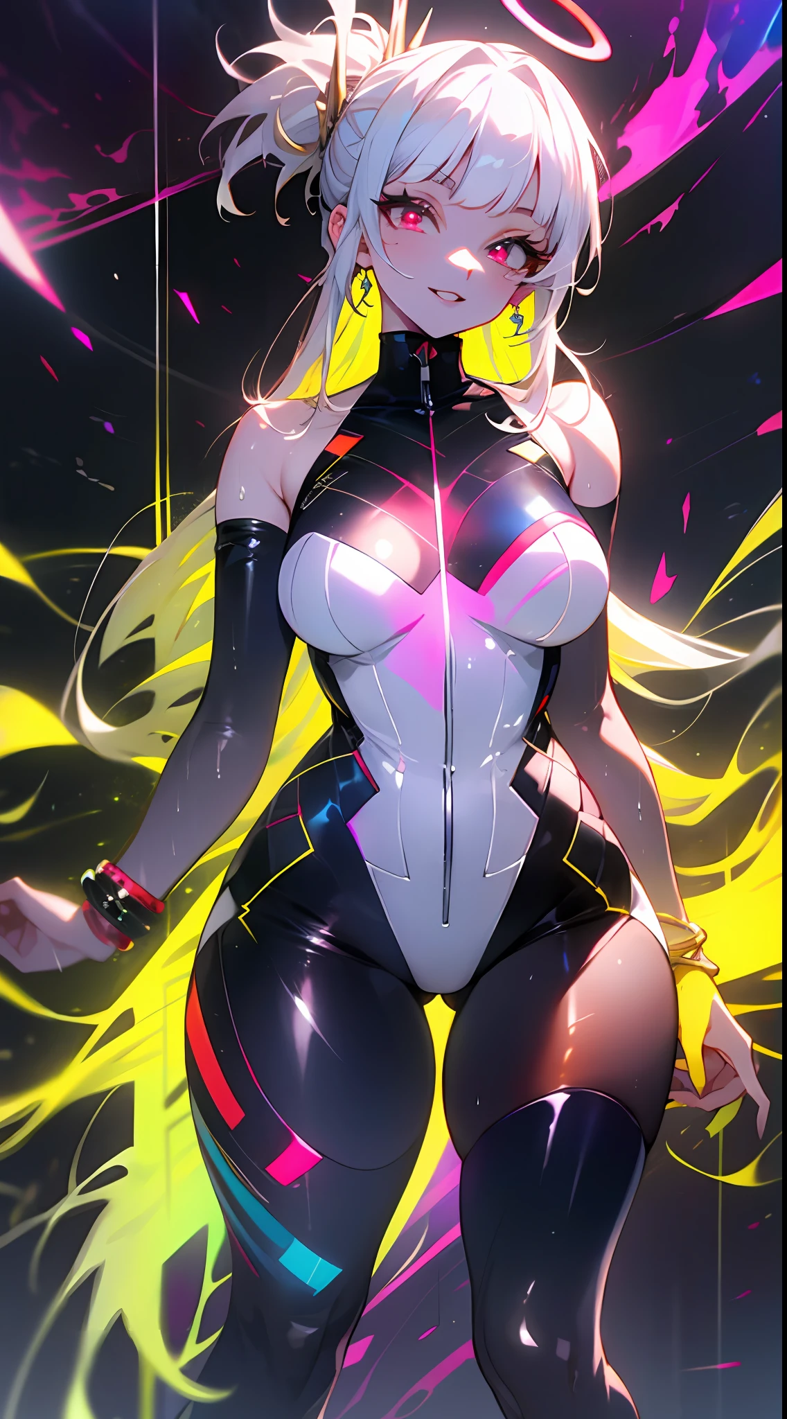 (simple hands:0.5)+(detailed hands:0.7), (masterwork), (best quality), white hair, red eyes,1girl, pale skin, white hair, red eyes, two tone hair, eyelashes, bracelet, jewelry, smile, gleaming skin, shiny hair, detailed and majestic stage, Fantasy, Long Hair, 1 girl, two-tone hair, night sky, Incredibly detailed CG illustration masterpiece, looking at you, anime, beautiful anime eyes, beautiful detailed eyes, eyes, glittering eyes, red eyes, galaxy, nebula, (full body), (curvy), POV, wet neckline, (thick thighs), 4k hd, ultra realistic, perfect body, perfect lips, perfect nose, perfect eyes, looking at the viewer, Neon, Neon Lights, Bright Colors, Toga, Angelic, Halo, Punk, Rock, Goth, Pale Skin, White Skin, Sleeveless Outfit, Pants, Thigh Highs, Body Suit, Socks, Stockings,