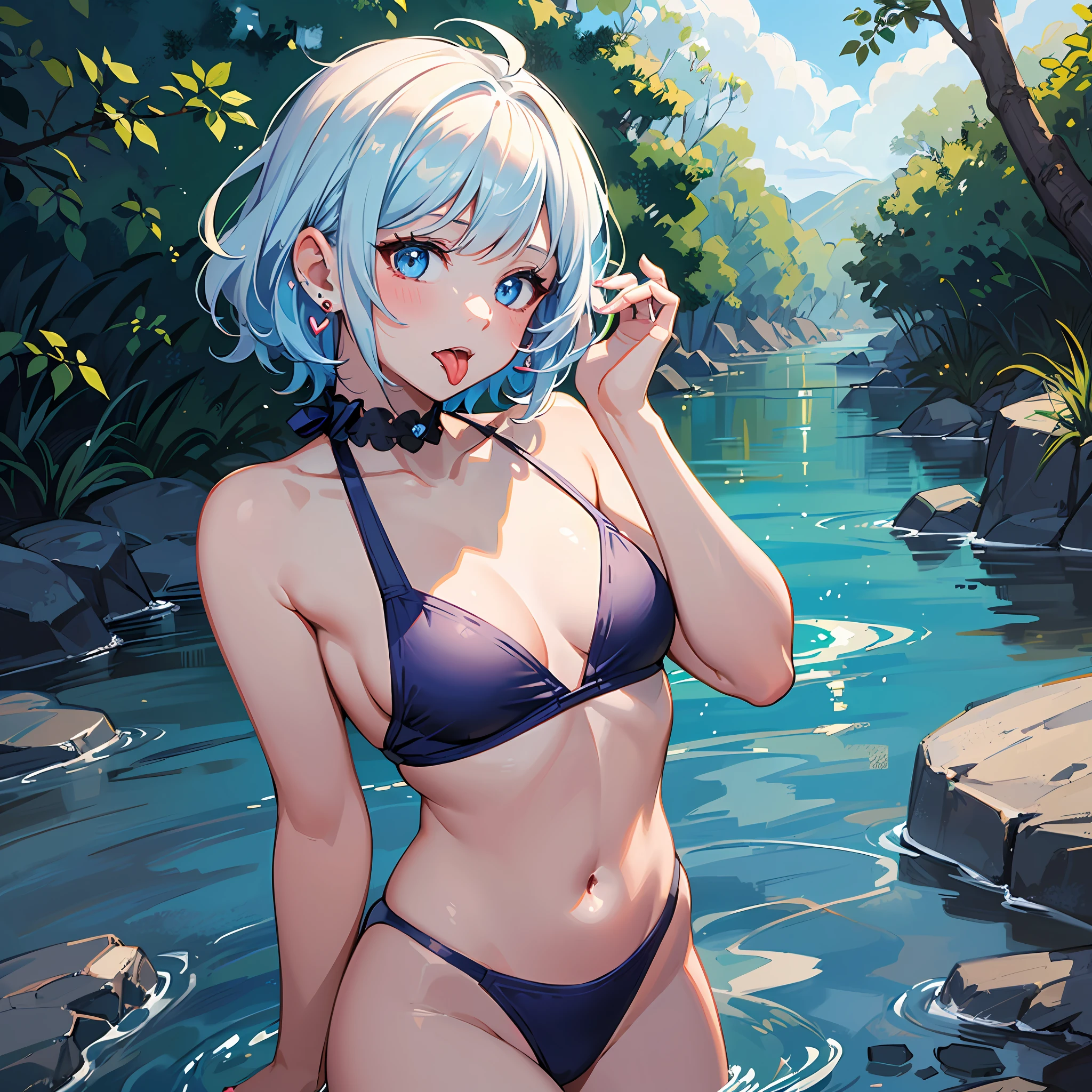 (((Masterpiece)))), ((Best Quality))), Hi-Res, On Thighs, Standing, (Cute One Girl))), Solo, White Skin, Small, Eight-headed, (Light Blue Hair), ((Short Hair)), (Straight Bangs)), Beautiful Hair, Blue Eyes, Beautiful Eyes in Detail, (((Tongue)), Red Face, Heart, Swimsuit, Ruffles, Earrings, Outdoor, River, barbecue, Shadow lighting,