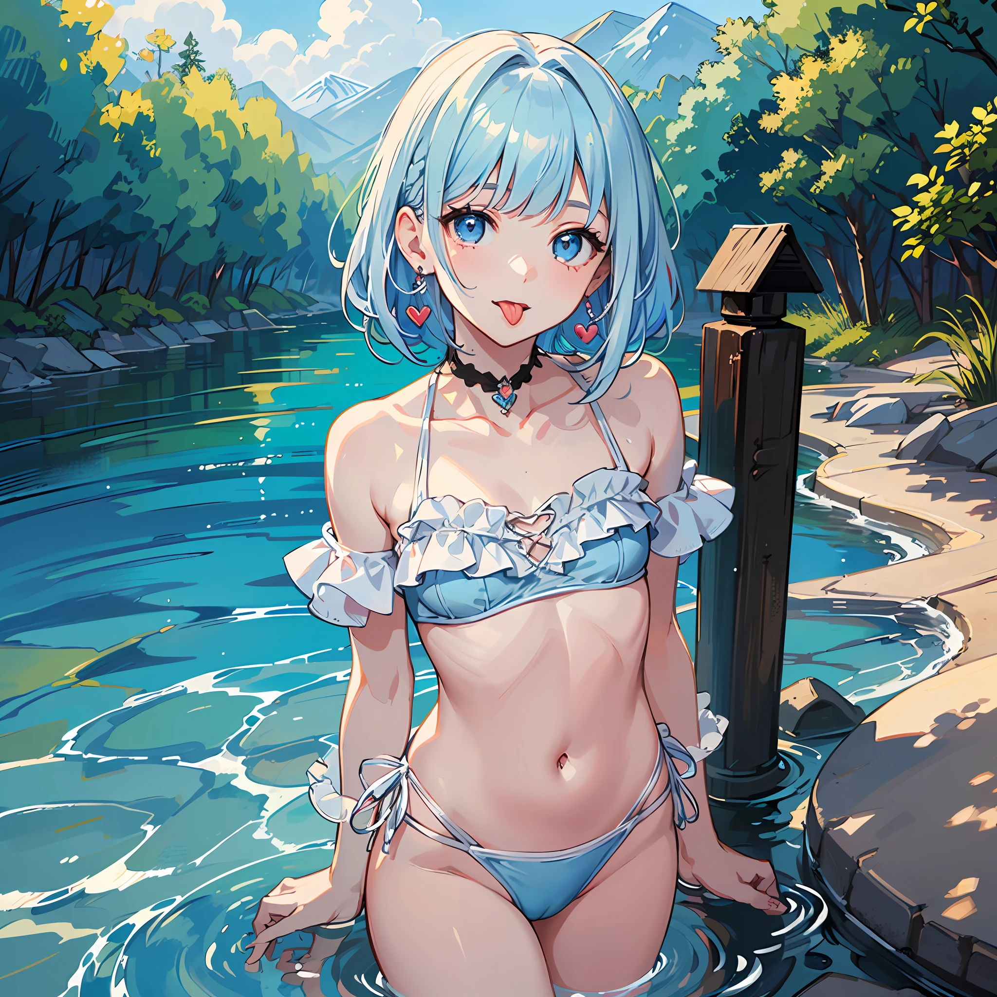 (((Masterpiece)))), ((Best Quality))), Hi-Res, On Thighs, Standing, (Cute One Girl))), Solo, White Skin, Small, Eight-headed, (Light Blue Hair), ((Short Hair)), (Straight Bangs)), Beautiful Hair, Blue Eyes, Beautiful Eyes in Detail, (((Tongue)), Red Face, Heart, Swimsuit, Ruffles, Earrings, Outdoor, River, barbecue, Shadow lighting,