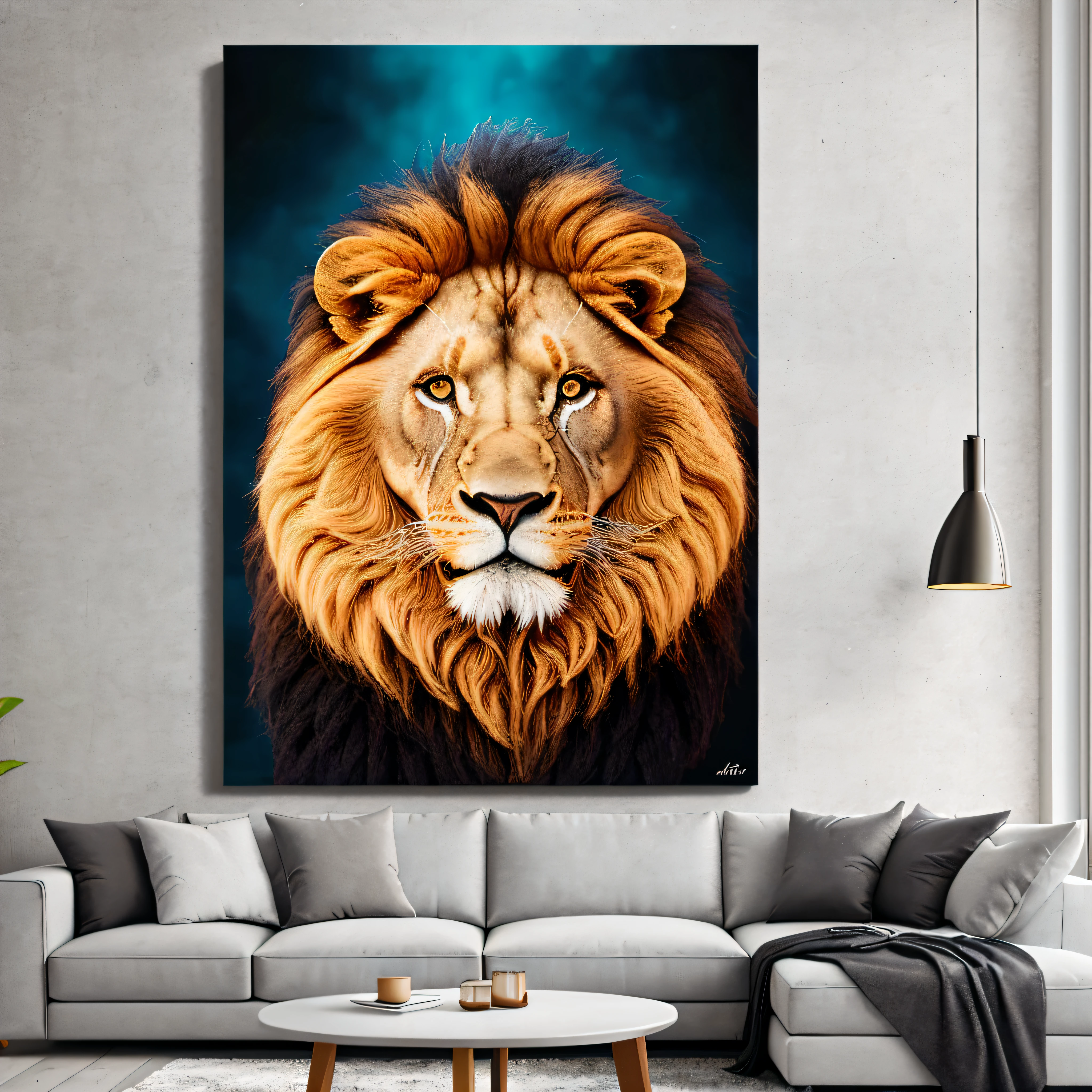there is an image of a lion sitting on a wall, art printing on canvas, placed in a living room, displayed on the wall, very high quality art, 16k product photo, high quality glossy art, high resolution printing, large format photography, 16k painting photography, highly detailed 16k art, placed in a large living room,  large format image, realistic image, 35mm --auto