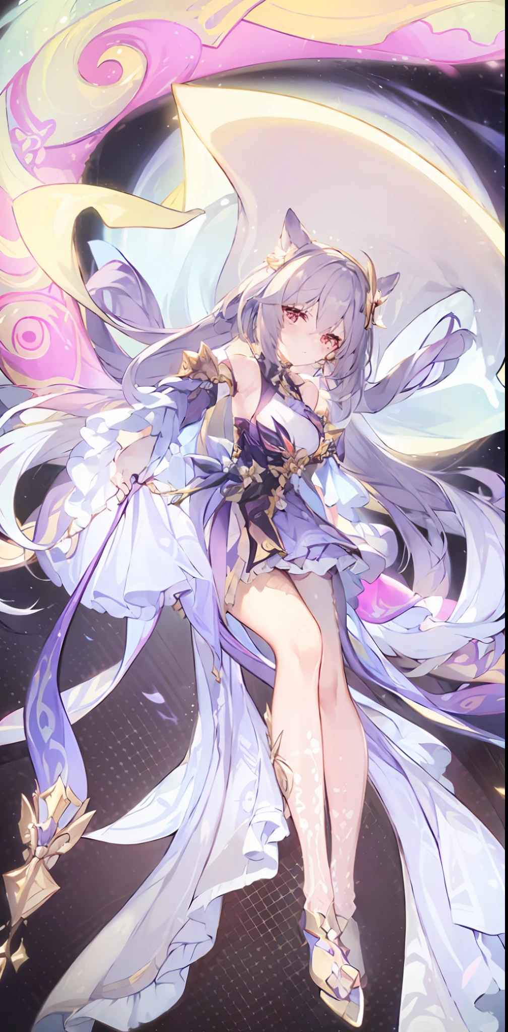 anime girl with long hair and a white dress in front of a purple background, anime goddess, official artwork, ((a beautiful fantasy empress)), keqing from genshin impact, white haired deity, ayaka genshin impact, astral fairy, splash art anime loli, ahegao, from the azur lane videogame, ethereal essence, azur lane style