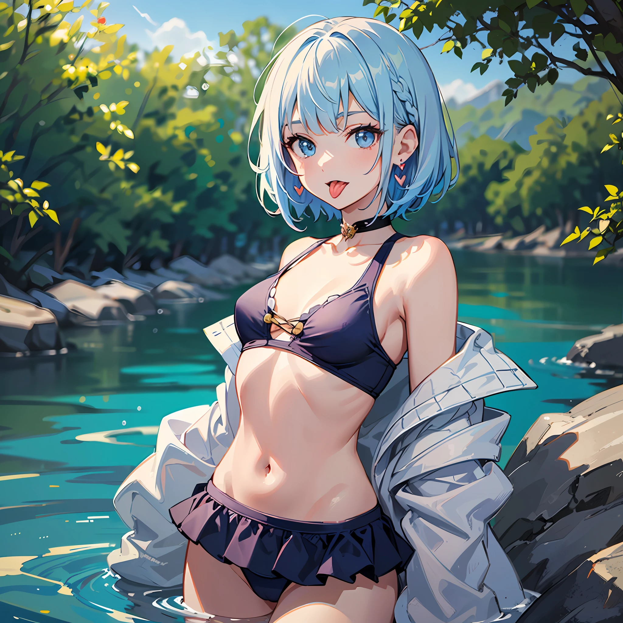 (((Masterpiece)))), ((Best Quality))), Hi-Res, On Thighs, Standing, (Cute One Girl))), Solo, White Skin, Small, Eight-headed, (Light Blue Hair), ((Short Hair)), (Straight Bangs)), Beautiful Hair, Blue Eyes, Beautiful Eyes in Detail, (((Tongue)), Red Face, Heart, Swimsuit, Ruffles, Earrings, Outdoor, River, barbecue, Shadow lighting,