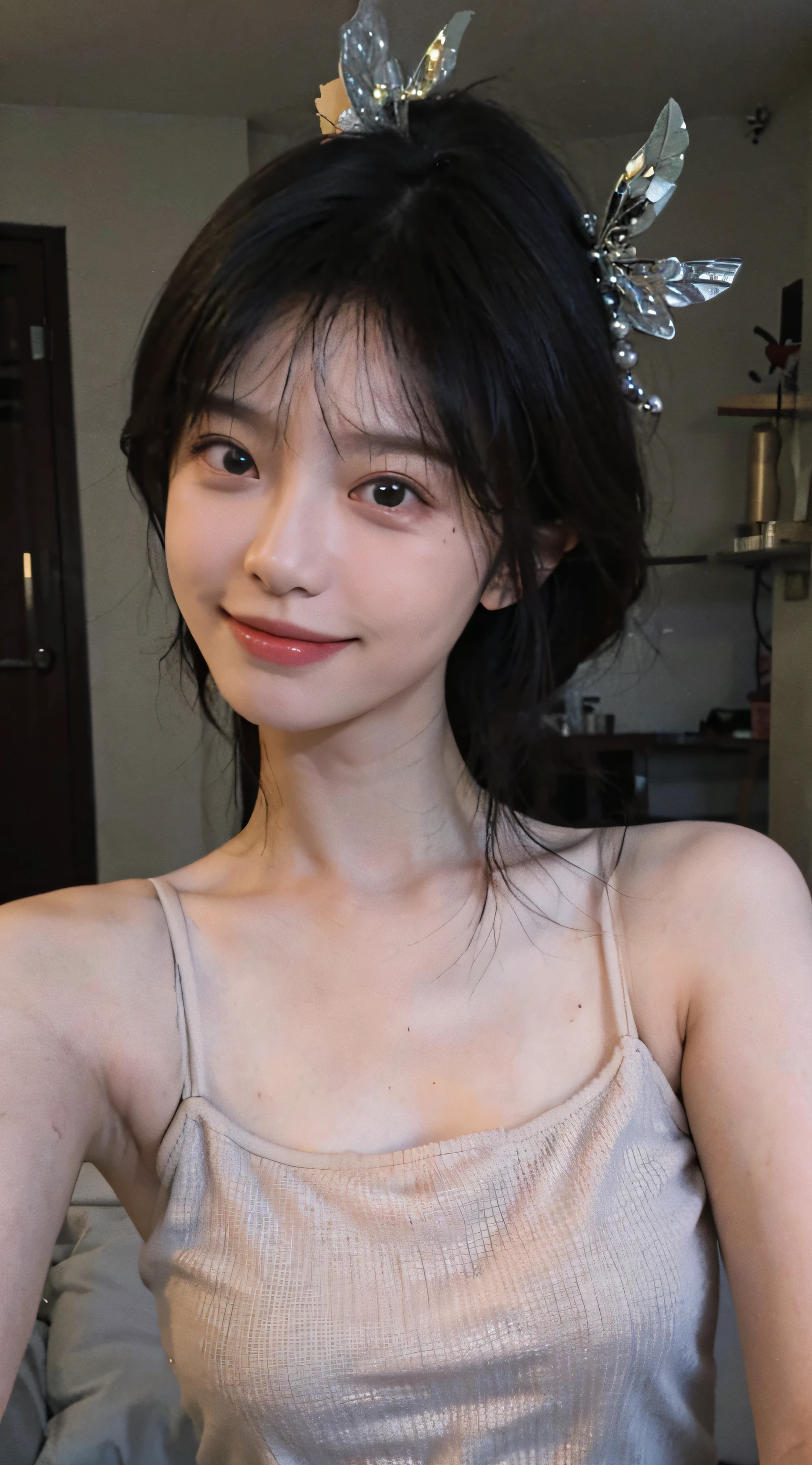 8K, Best Quality, Masterpiece, Ultra High Resolution, (Realism: 1.4), Original Photo, (Realistic Skin Texture: 1.3), (Film Grain: 1.3), (Selfie Angle), 1 Girl, Beautiful Emerald Gemstone Eyes and Delicate Face Details, Pink Top, Masterpiece, Best Quality, Close-up, Upper Body, Looking at the Viewer, (Smiling Naturally: 1.2)
