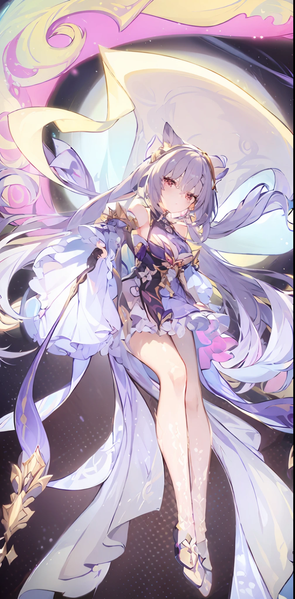 anime girl with long hair and a white dress in front of a purple background, anime goddess, official artwork, ((a beautiful fantasy empress)), keqing from genshin impact, white haired deity, ayaka genshin impact, astral fairy, splash art anime ****, ahegao, from the azur lane videogame, ethereal essence, azur lane style