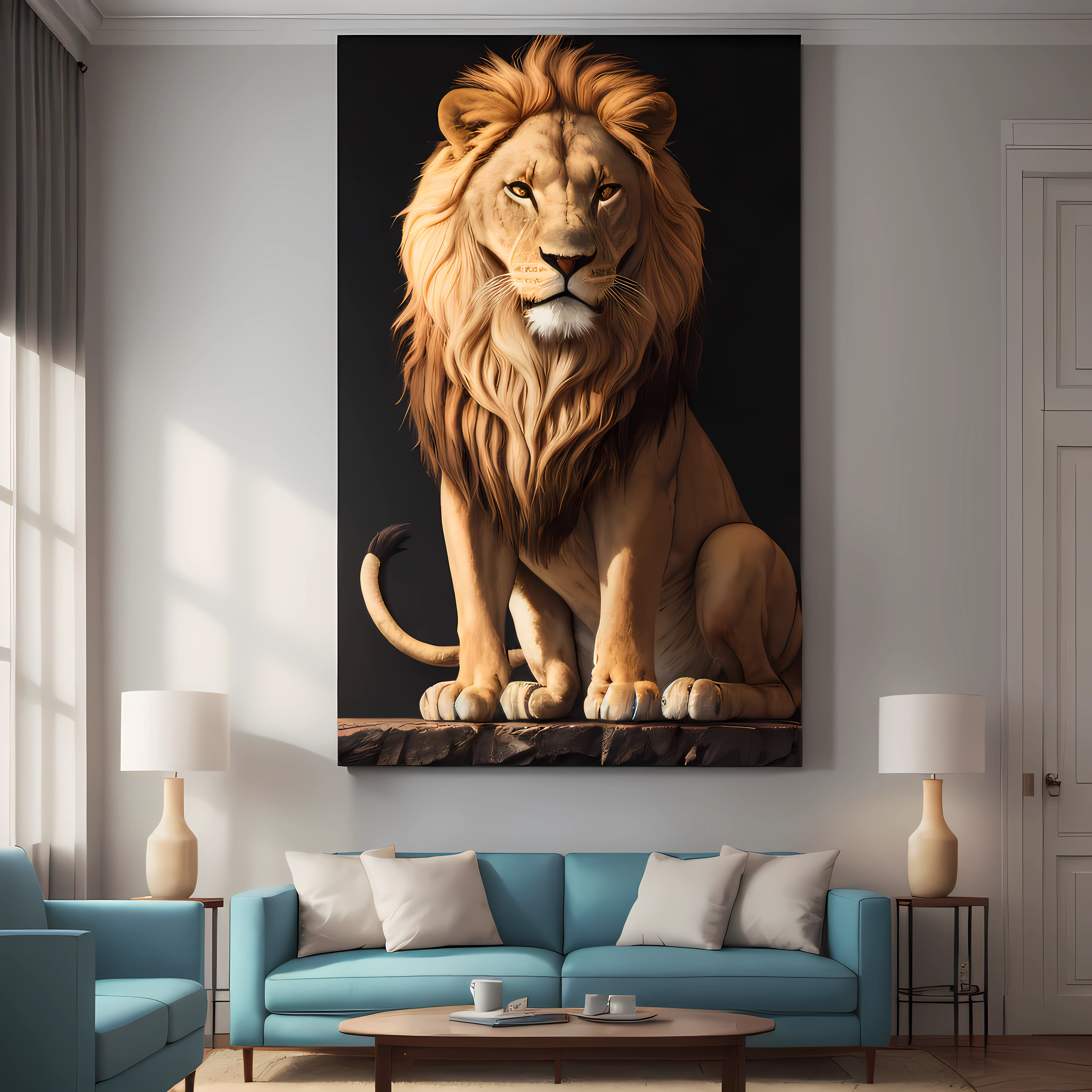 there is an image of a lion sitting on a wall, art printing on canvas, placed in a living room, displayed on the wall, very high quality art, 16k product photo, high quality glossy art, high resolution printing, large format photography, 16k painting photography, highly detailed 16k art, placed in a large living room, large format image, realistic image --auto