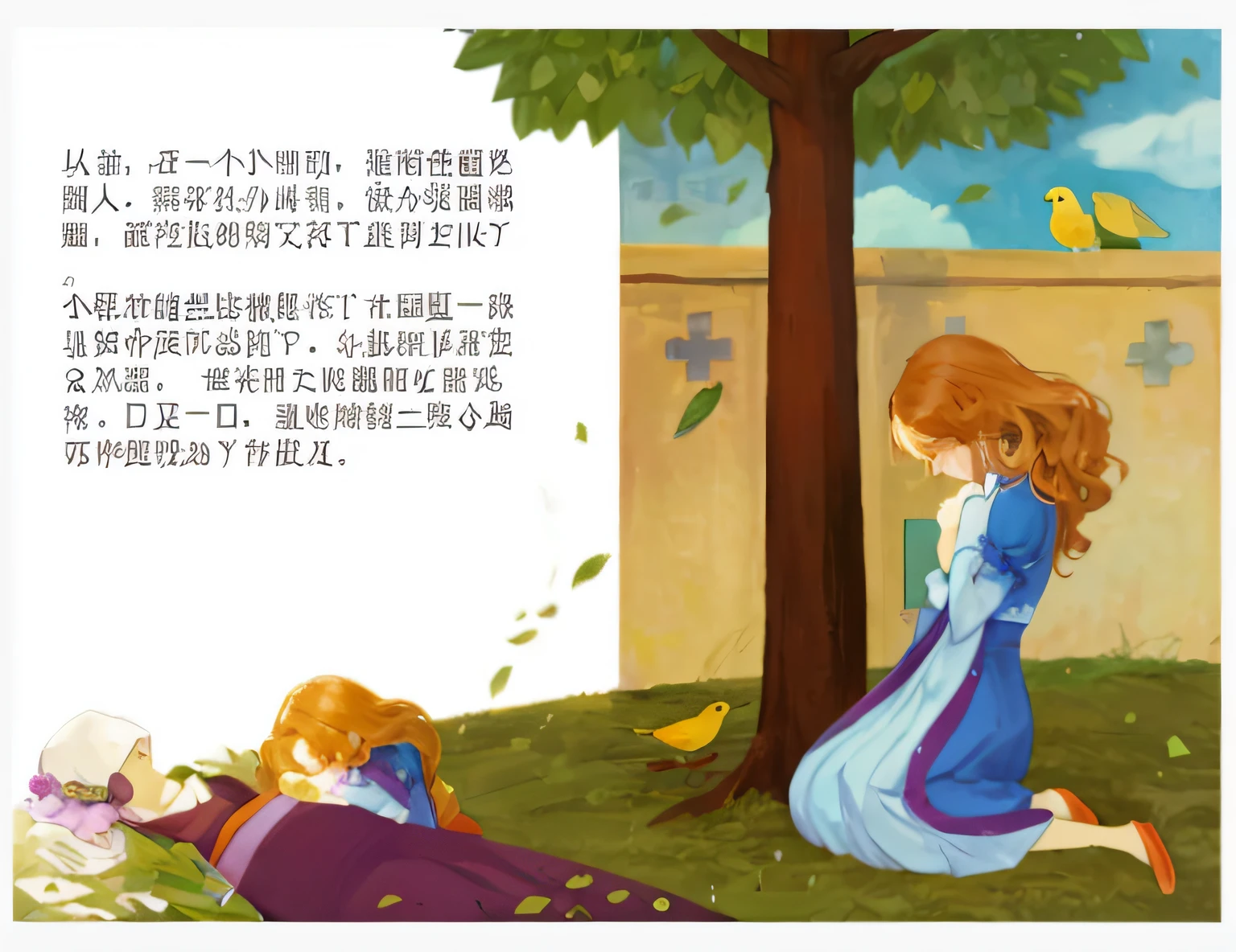 The  girl's mother was buried under a leafy hazelnut tree in the garden, the littlemissed her mother very much, and went to her mother's grave every day to cry close-up, storybook design, Li Fangying, Mei Qing, storybook illustration, Sleeping Beauty fairy tale, storybook illustration, storybook illustration, picture book, storybook, Li Song, book illustration, Leng Mei, Qu Leilei, Xia Gui, storybook illustration