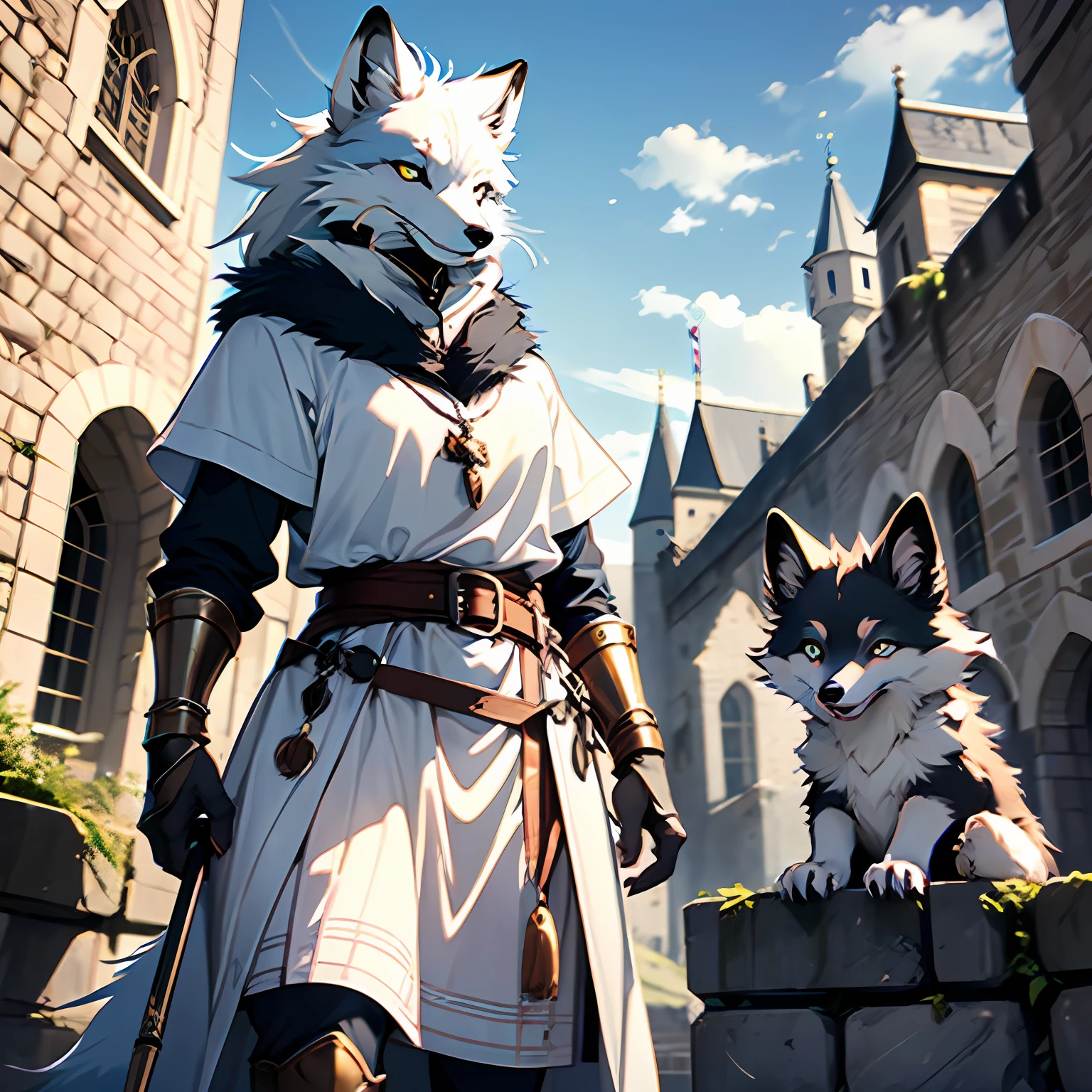 (Best Quality), (Masterpiece), ((Single 1.5)), (Ultra Detailed), (Hairy), Full Body Hairy, Hairy, (Male Arctic Fox: 1.5), (Grey Skin: 1.3), (Fluffy Tail: 1.2), Character Focus, (Blue Eyes), (Canine Paws), (Grey Ears), Sharp Focus, (Animal Eared Hairy), Standing on the Wall of a Medieval Castle, ((Medieval Noble)), ((Foil at the Waist)))), ((Fencing Style)), (Medieval Style) ,  ((Playful)), ((Cold))