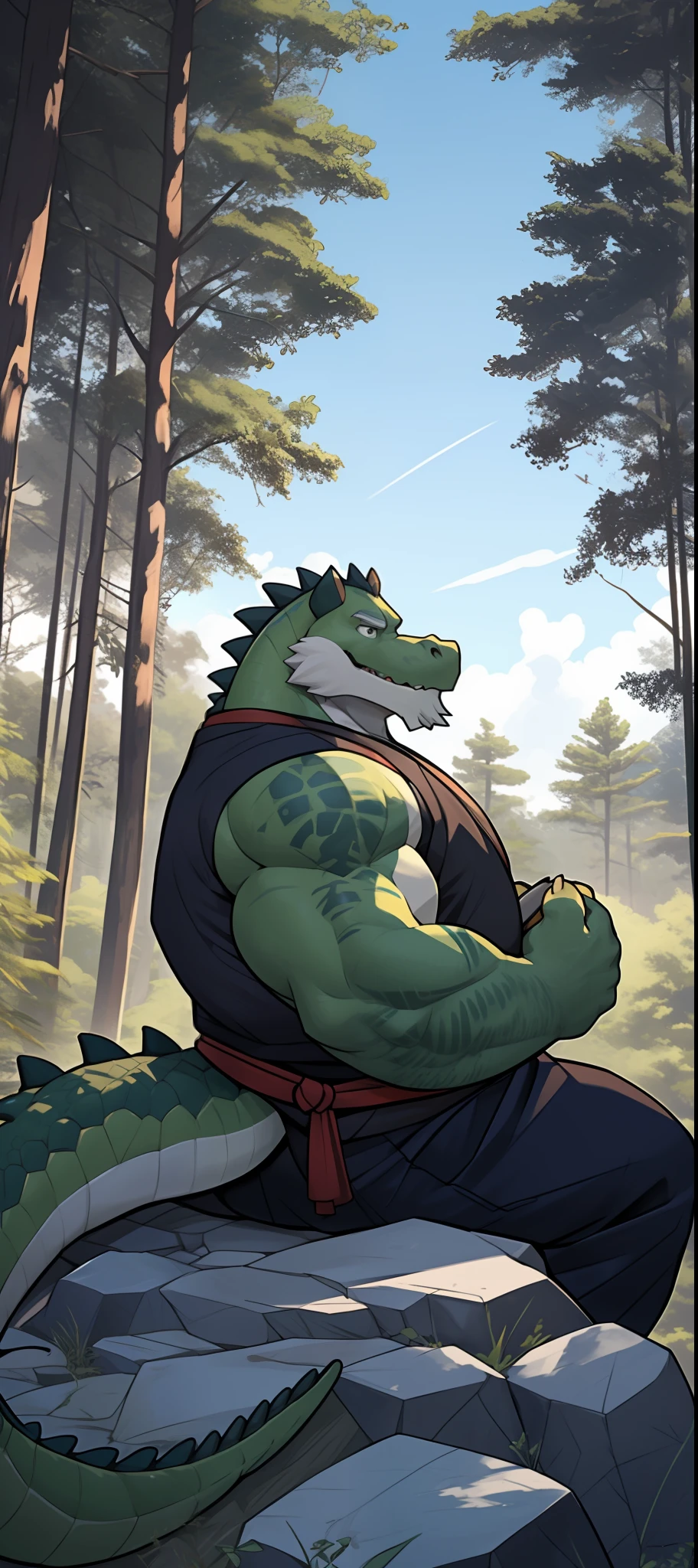 anthro, male, old chubby alligator, green Alligator, (detailed eyes), detailed clothing, big fat. overweight, white beard, Samurai clothes, forest background, winding, sitting meditation on big rock (wild_long_Beard), (mustache), pov side view, big alligator tail, (pov point to View),