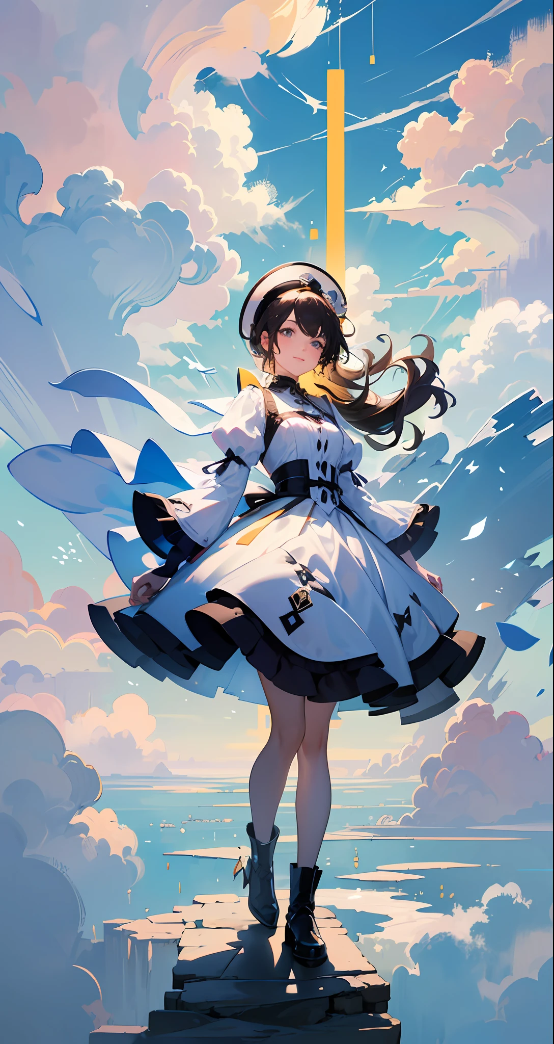 Masterpiece, Best Quality, Movie Stills, 1girl, Floating in the Sky, Cloud Girl, Clouds, (Close-up: 1.1), Bright, Happy, Funny, Soft Light, (Bauhaus, Shapes, Lines, Abstract: 1.1), Illustrations, Wallpaper, Hyperdetails