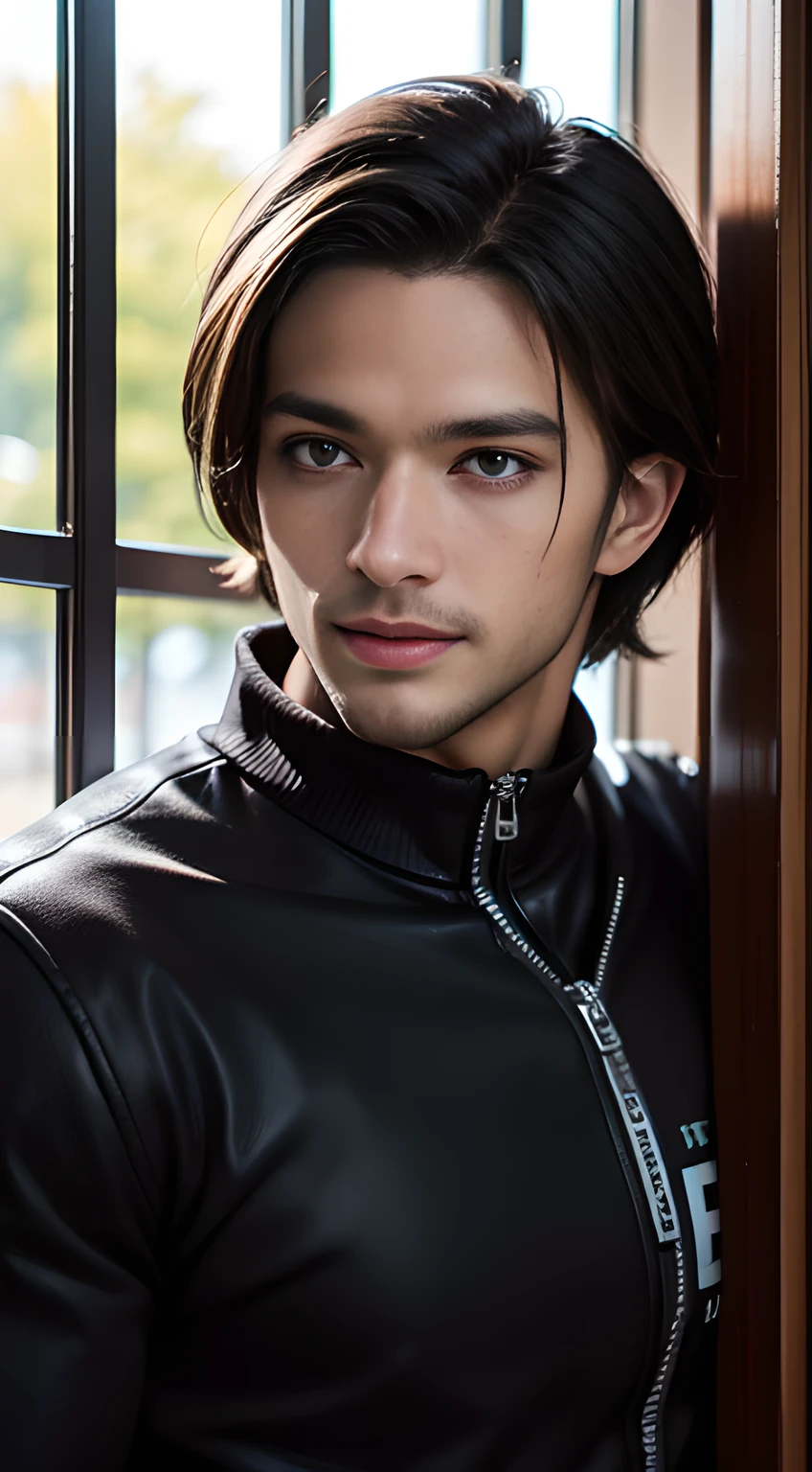 Negro handsome muscular man who looks like Leon kennedy of Resident Evil, mischievous smile, (small details: 1 in 1), natural muscles, higher quality, beautiful eye, (Detailed face and eyes), (face、: 1 of 2), noise, real pictures、... ...PSD, Sharp Focus, High Resolution 8k, Real & Professional Photography, 8K UHD, Soft Lighting, High Quality, Film Grain, FUJIFILM XT3
