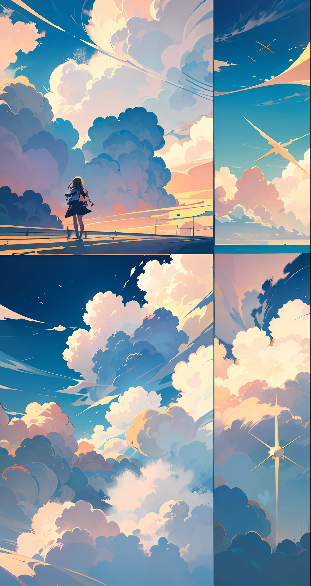 Masterpiece, Best Quality, Movie Stills, 1girl, Floating in the Sky, Cloud Girl, Clouds, (Close-up: 1.1), Bright, Happy, Funny, Soft Light, (Bauhaus, Shapes, Lines, Abstract: 1.1), Illustrations, Wallpaper, Hyperdetails