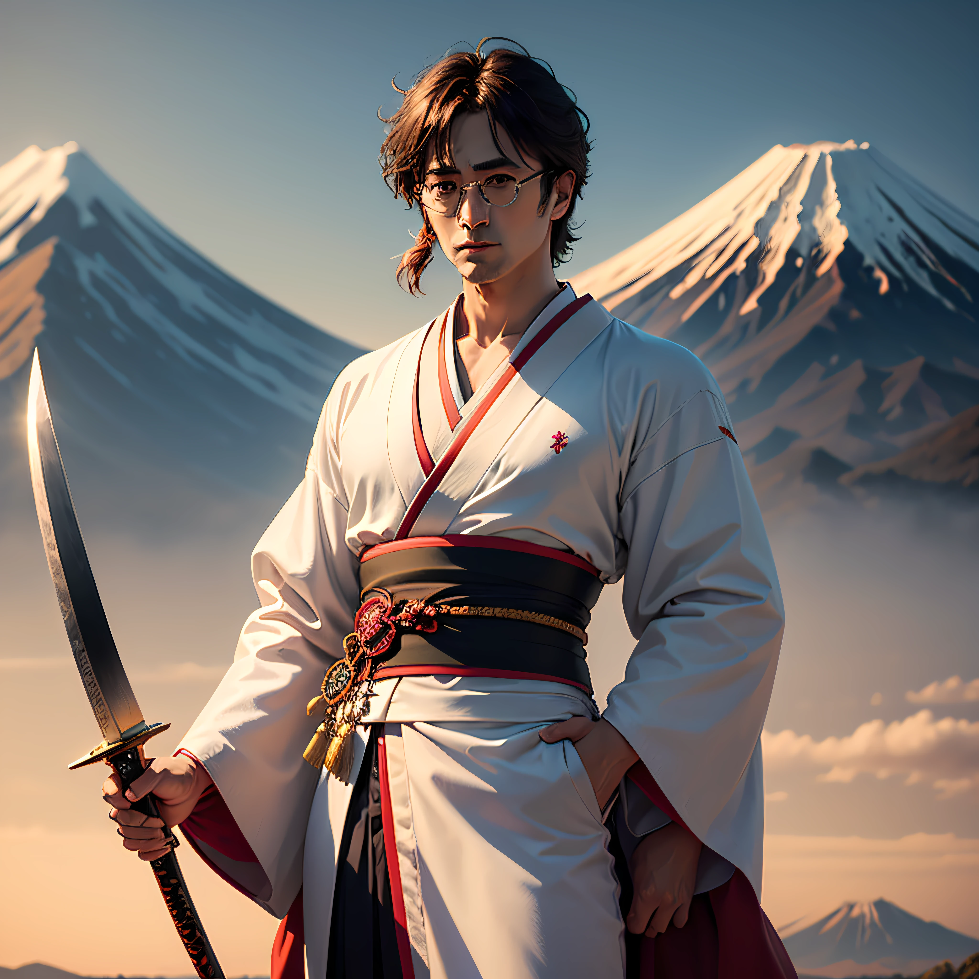 Johnn Lennon dressed as a samurai in a beautiful, elegant white kimono with rich gold accents, wielding two swords crossed at chest level. A majestic background rich in details of Japanese culture, Mount Fuji at the end of the horizon. anime style.
Very vibrant colors, exuberance of details, aspect radio 4:5 --auto