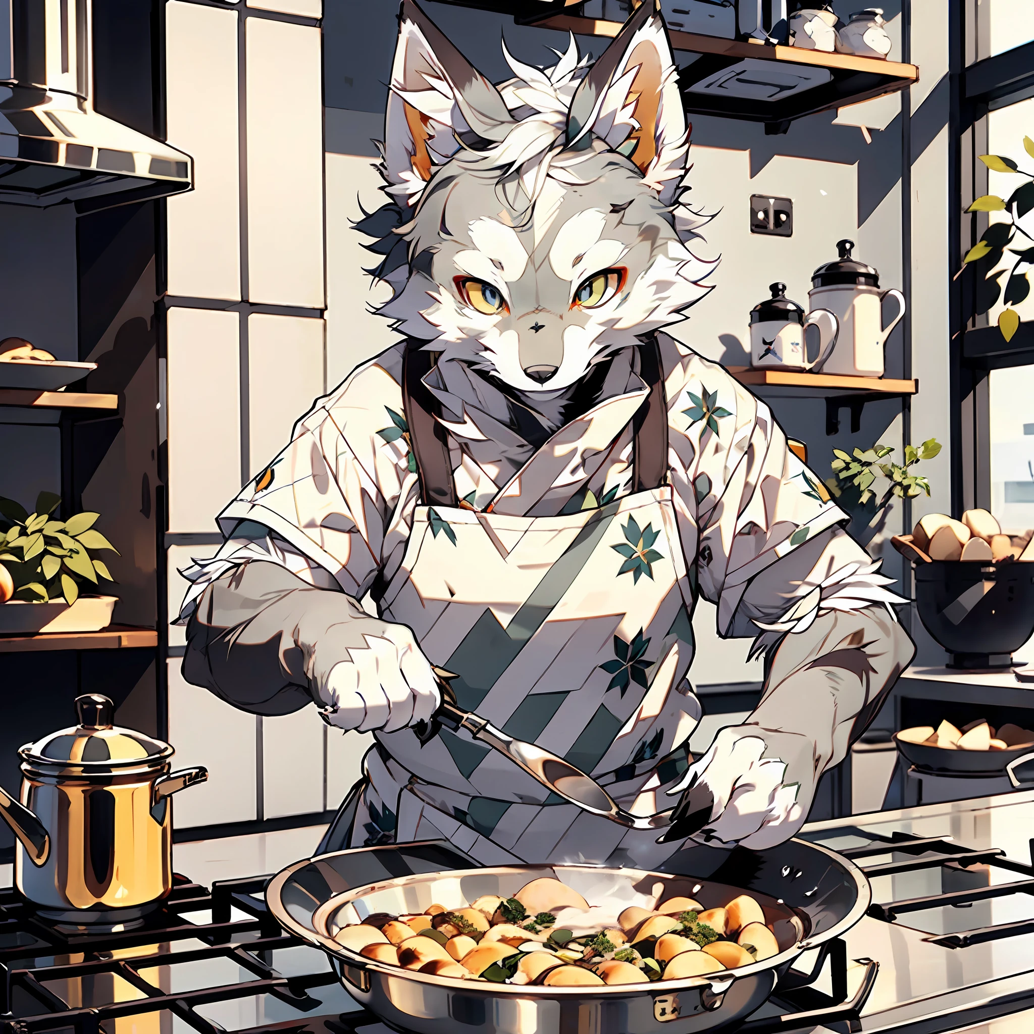 high detail, hyper quality, high resolution, 1080P, solo, furry, (male arctic fox: 1.5), (gray fur: 1.3), gray skin, gray ears, golden eyes, sharp claws, (fluffy tail: 1.2), in the kitchen, wearing an apron, cooking in front of the stove