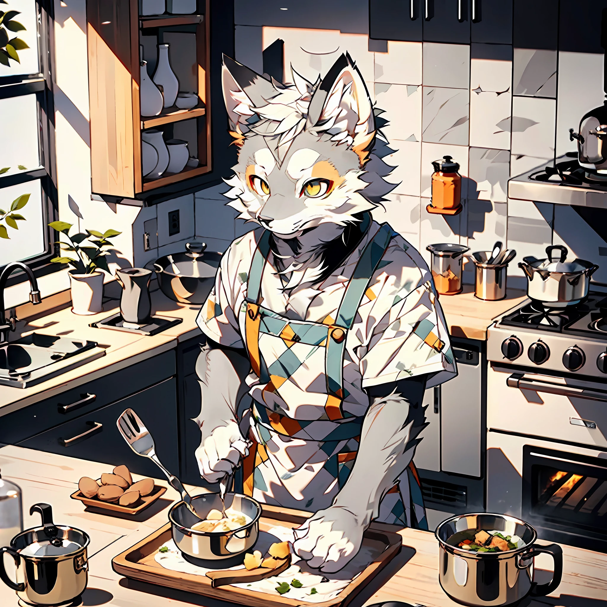 high detail, hyper quality, high resolution, 1080P, solo, furry, (male arctic fox: 1.5), (gray fur: 1.3), gray skin, gray ears, golden eyes, sharp claws, (fluffy tail: 1.2), in the kitchen, wearing an apron, cooking in front of the stove