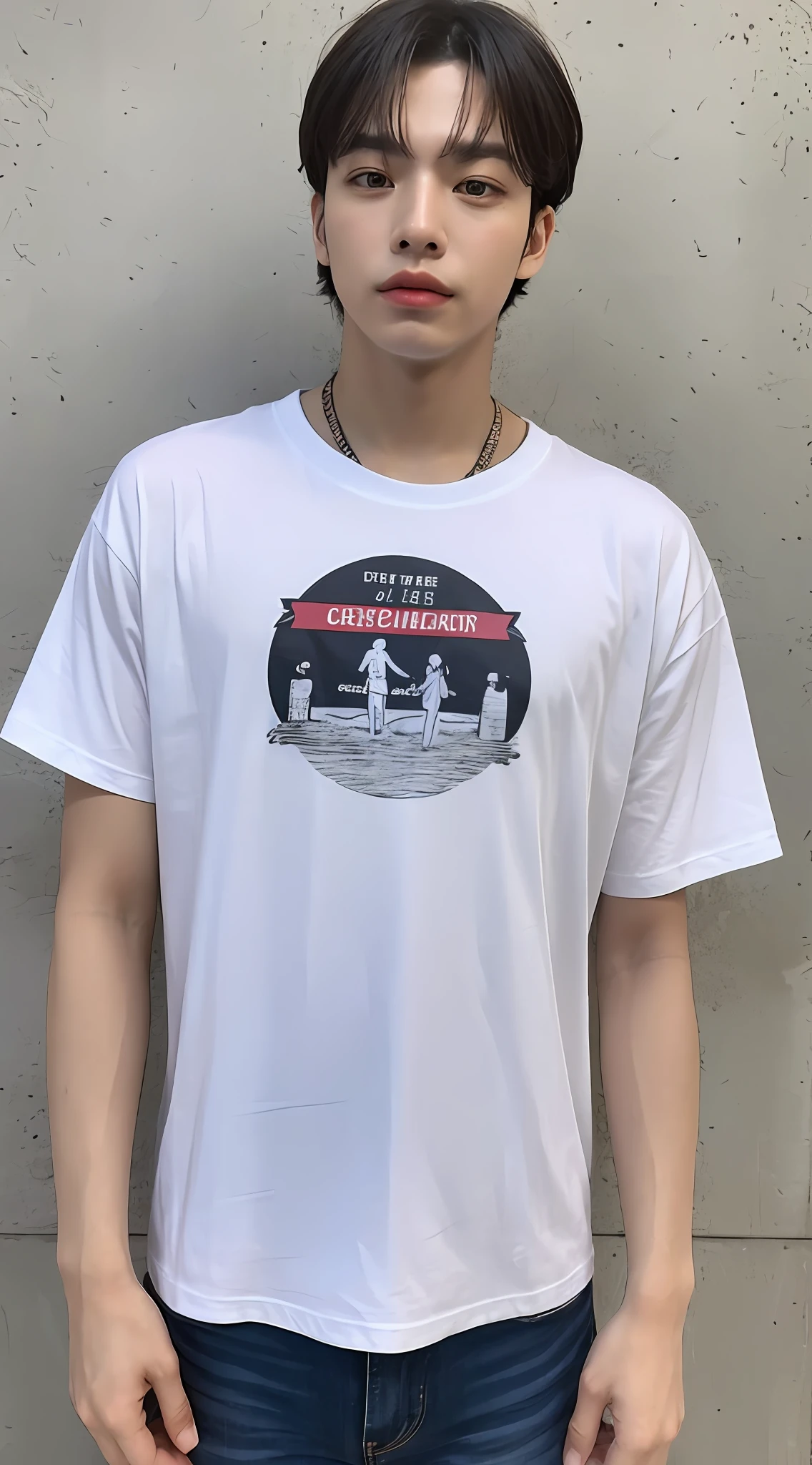 Matured man wearing a white tshirt with a creative design on the front