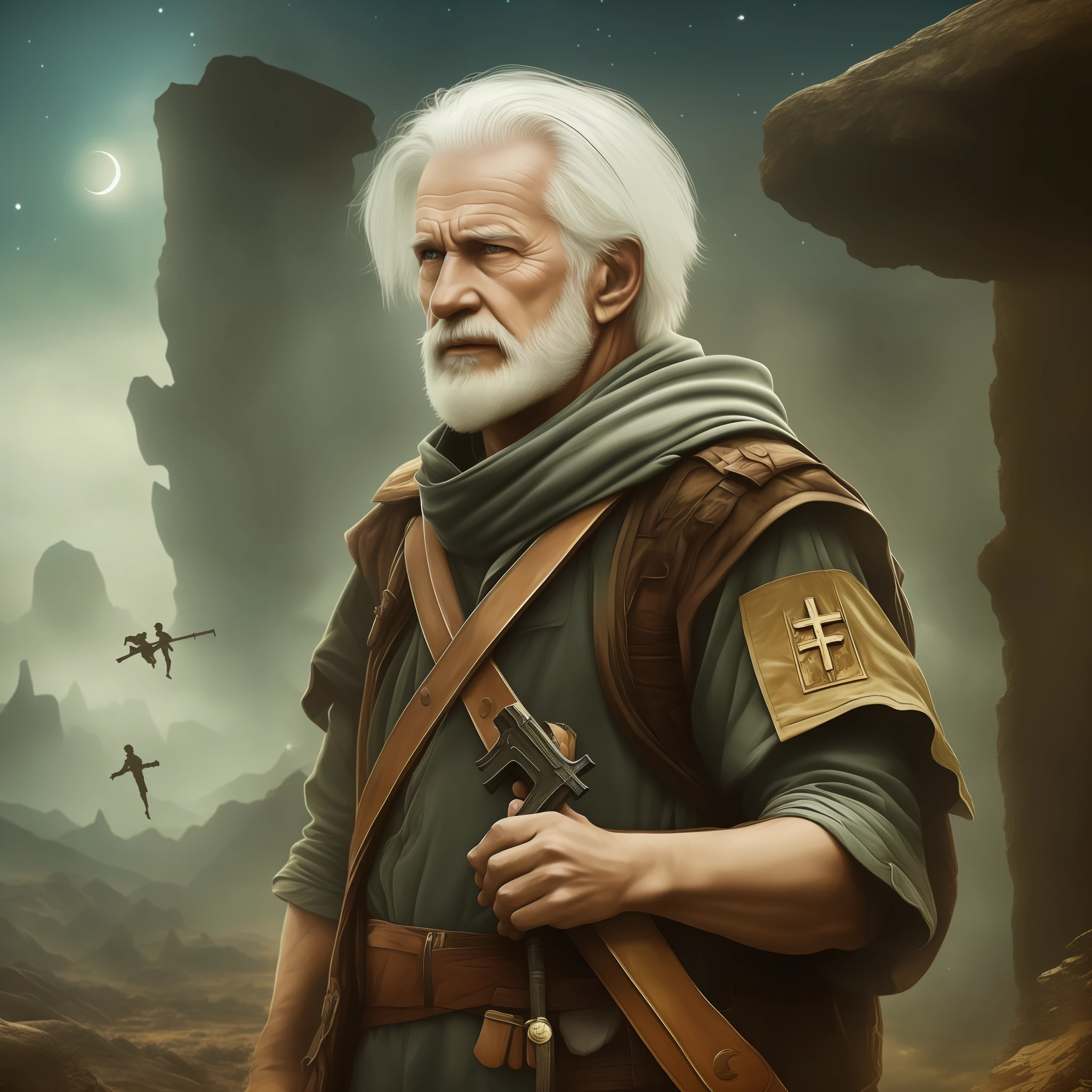 White-haired man several characters around him huddled praying with a cross pirgent his outfit is old, hazy and apocalyptic scenery, a wandering backpacker next to him with a pistol in his hand, humanoid creatures flying through the dark sky ((((Poster Style)))