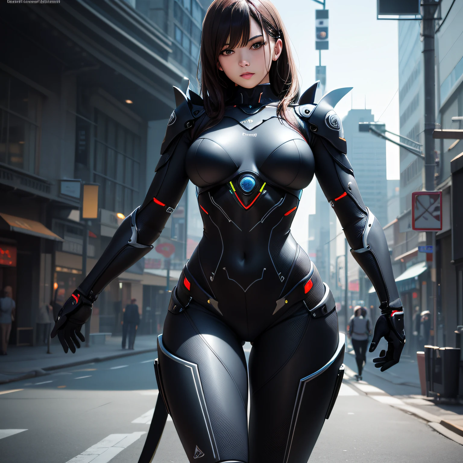 black machine integrated with human body. human like shape. realistic, women. tight cloth. body with good curve