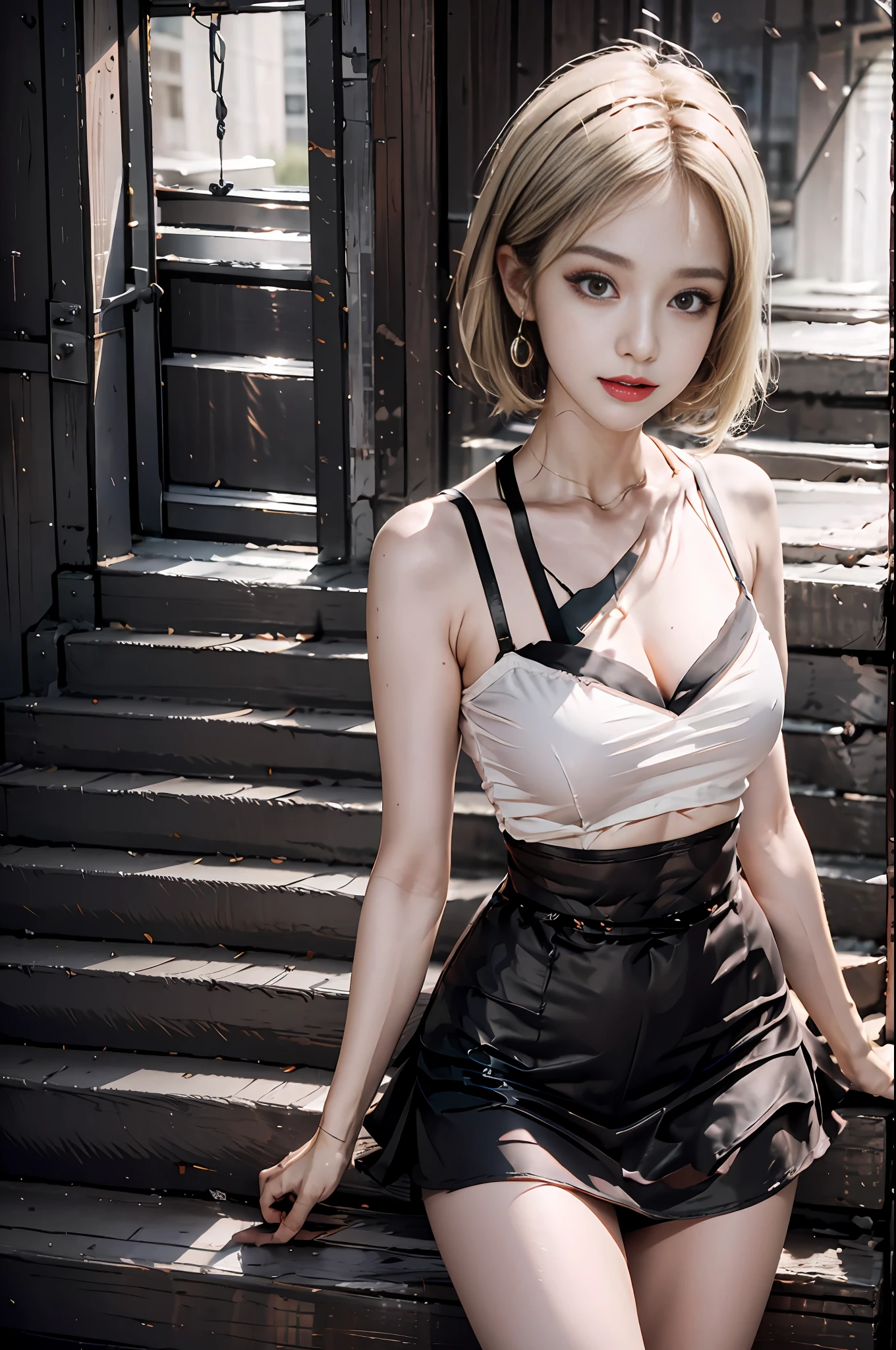 Korean school uniform, summer uniform shirt, ribbon tie, skirt, school classroom, school stairs, chest thrust pose, 8K RAW photo, high resolution, 17 year old Korean, very large round breasts, beautiful eye details, long eyelashes, beautiful double eyelids, eye shadow, eyeliner, slender eyes, slender eye shape, sanpaku eyes, evil smile, evil expression, beautiful and very thin legs, beautiful and very thin thighs, random short hair, hair tied behind the head, earrings, Bright blonde hair, sheer outfit