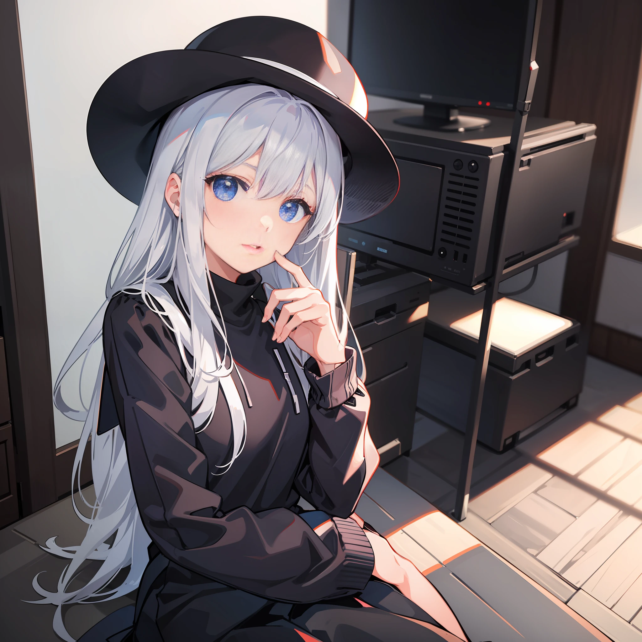 2D, Spring, Modern Style, girl, Long Silver Hair, Black Casual Wear, Warm and Cold, A Touch of Tenderness in the Cold, Sun Hat, KTV Room, A Man, High Heels, Masterpiece, Best Quality, Anime 8K Wallpaper, Light and Shadow Rendering