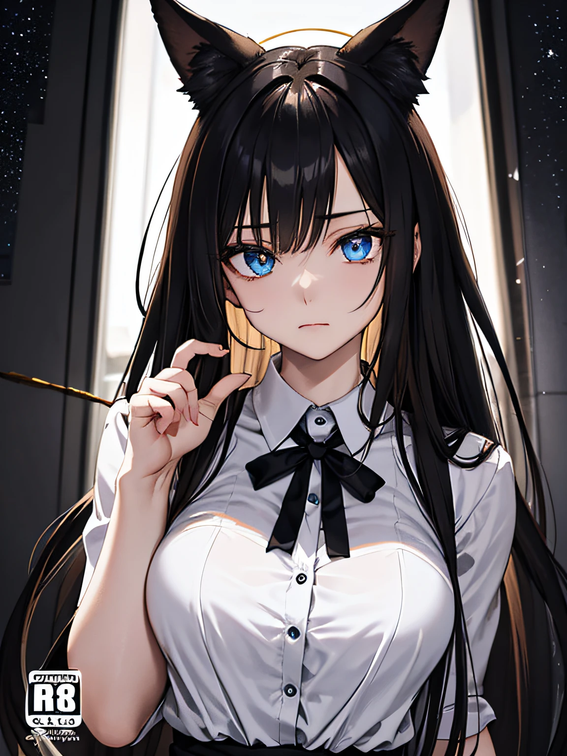 {{{{masterpiece}}}}, {{{hyper detailed}}}, {{{highres}}}, {{good anatomy}}, (((best quality))), ((an extremely delicate and beautiful)), {{an extremely detailed and delicate}}, {8k cg wallpaper}, {stunning art}, {{illustration}}, {amazing}, original, mature, ((half-body shot)), ((pale skin)), intricate, (depth of field), highly detailed body, (((masterpiece))), (extremely high quality artwork), detailed face, masterwork, best quality, incredibly absurdness, ((best quality)), (ultra-detailed), (beautiful detailed eyes), (((Galaxy eyes))), ((bored eyes)), Helf-lid eyes, hyper intricate, extremely detailed girl, beautiful detailed eyes, vibrant eyes, ray tracing, [[[vibrant colors]]], from waist up, girl, sharp focus, [[best quality]], illustration, dynamic angle, depth of field, dynamic light, 1girl, ((split hair, very long hair, straight hair)), black and white hair, multicolored hair, silky hair, dynamic hair, medium breasts, (blue eyes), sharp eyes, long eyelashes, ((white shirt)), black tie, anime ears, long animal ears, fox ears, casual shirt, frown, bored expression, dynamic lights, god rays, cinematic lightning, (ultra-detailed:1.3), cloudy background, concrete floor
(magazine:1.3), (cover-style:1.3), fashionable, woman, vibrant, outfit, posing, front, colorful, dynamic, background, elements, confident, expression, holding, statement, accessory, majestic, coiled, around, touch, scene, text, cover, bold, attention-grabbing, title, stylish, font, catchy, headline, larger, striking, modern, trendy, focus, fashion,