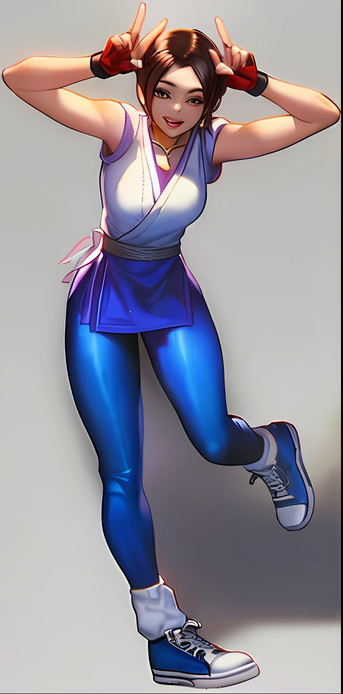 a cartoon of a woman in a white shirt and blue pants, King of Fighters character, fighting game character, android 18, female protagonist :8, Chun Li, female 👀 action anime girl, Fighter pose, Tifa Lockhart with white hair, leaked image, Fight pose, full body image, Female anime character, fighting posture,  As a character in Tekken