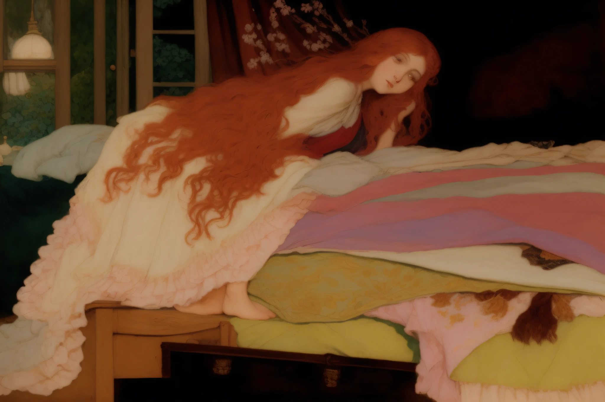 painting of a woman sitting on a bed with a blanket, inspired by Viktor Vasnetsov, inspired by Edmund Dulac, inspired by Apollinary Vasnetsov, inspired by Rebecca Guay, inspired by Jessie M. King, maiden with copper hair, inspired by Gaston Bussière, inspired by Carlos Schwabe, y pre-raphaelite