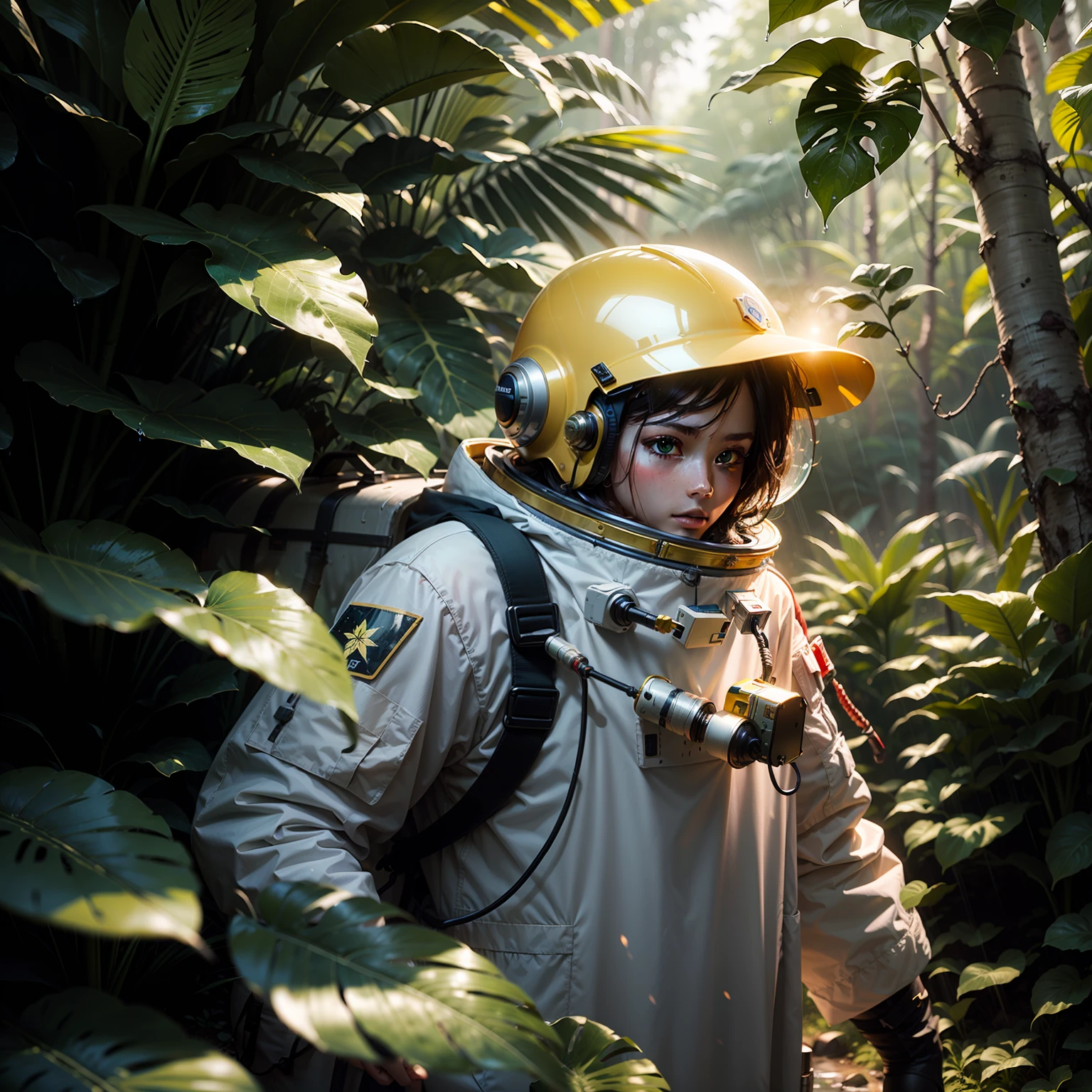 astronaut standing in jungle, golden helmet, green big leafs and lots of trees and rain, neon lights