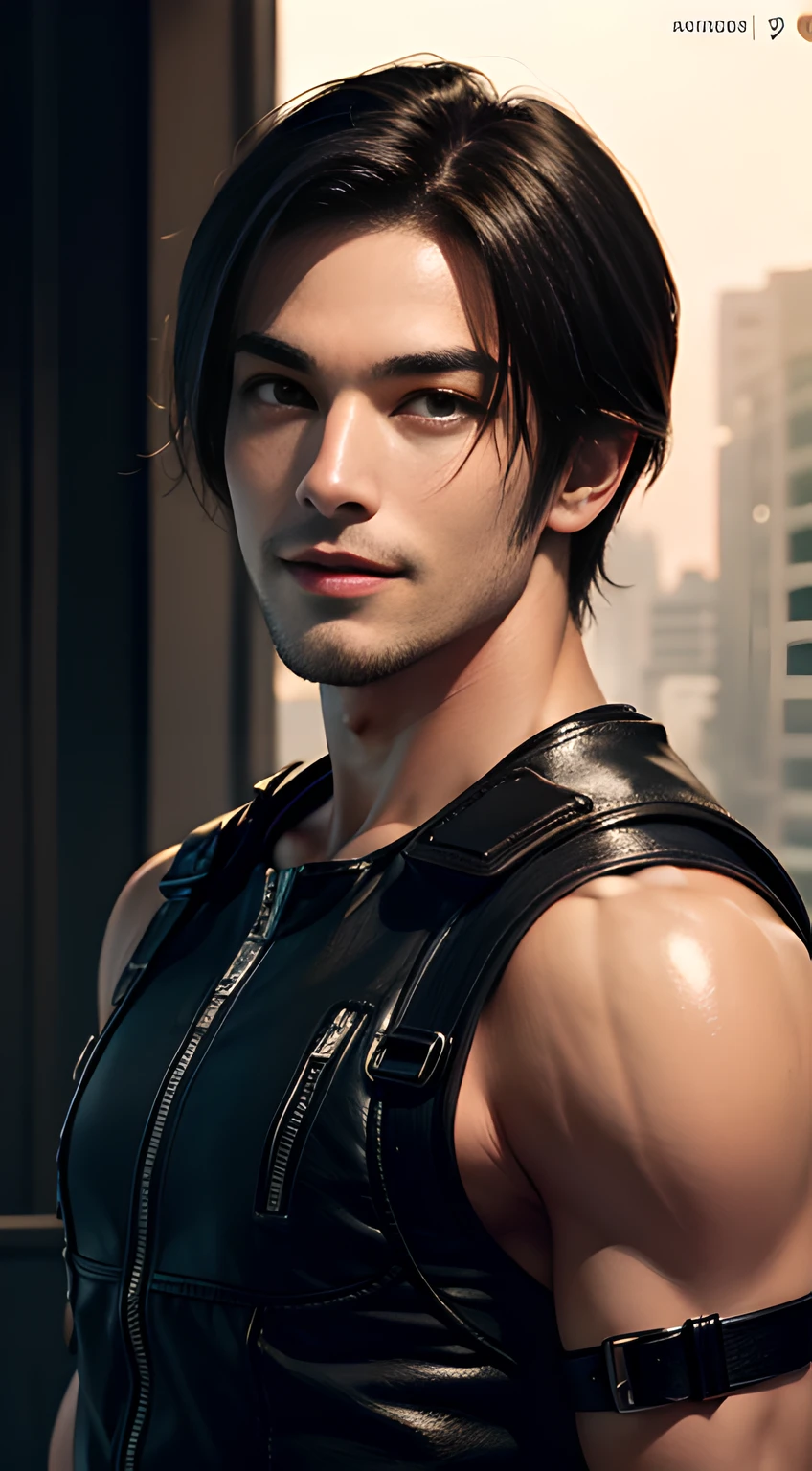 Negro handsome muscular man who looks like Leon kennedy of Resident Evil, mischievous smile, (small details: 1 in 1), natural muscles, higher quality, beautiful eye, (Detailed face and eyes), (face、: 1 of 2), noise, real pictures、... ...PSD, Sharp Focus, High Resolution 8k, Real & Professional Photography, 8K UHD, Soft Lighting, High Quality, Film Grain, FUJIFILM XT3