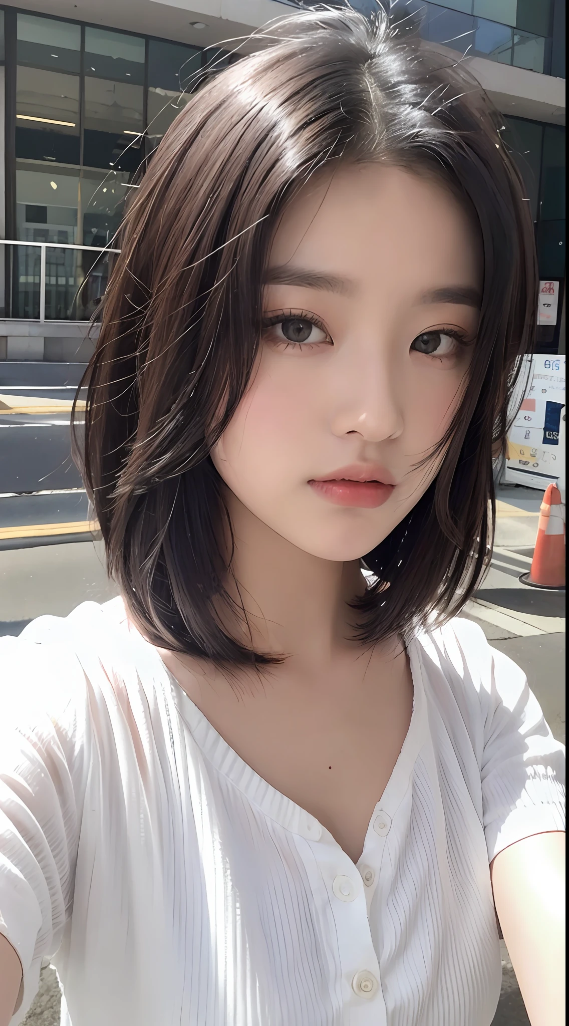 ((Best Quality, 8K, Masterpiece: 1.3)), Sharp: 1.2, Perfect Body Beauty: 1.4, Slim Abs: 1.2, ((Layered Hairstyle, :1.2)), (White Button Short Sleeve Shirt: 1.1), (Street: 1.2), Wet: 1.5, Highly detailed face and skin texture, Fine eyes, double eyelids, looking at the camera