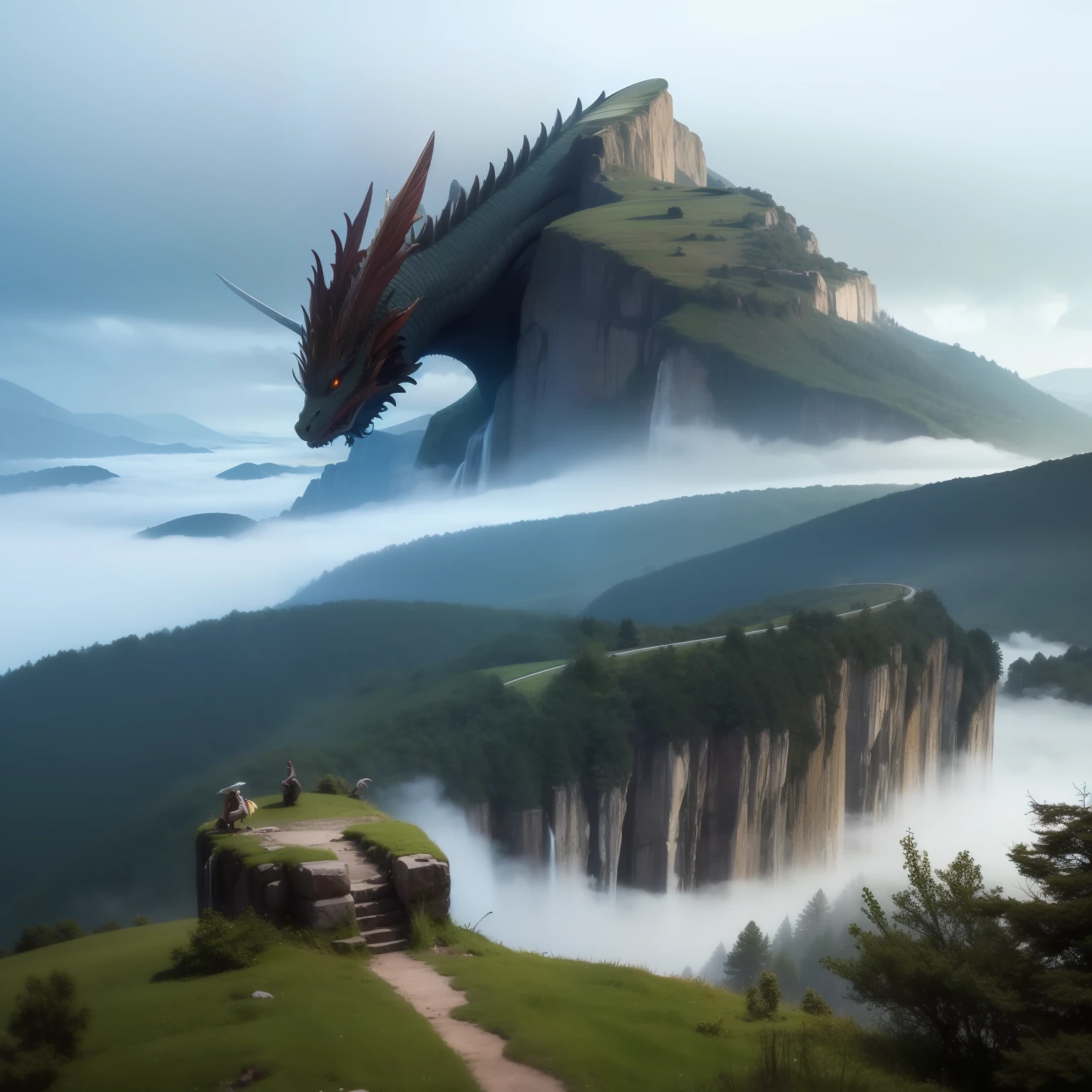Dragon's Peak: A colossal mountain range shrouded in mist, home to ancient dragons and mythical creatures.