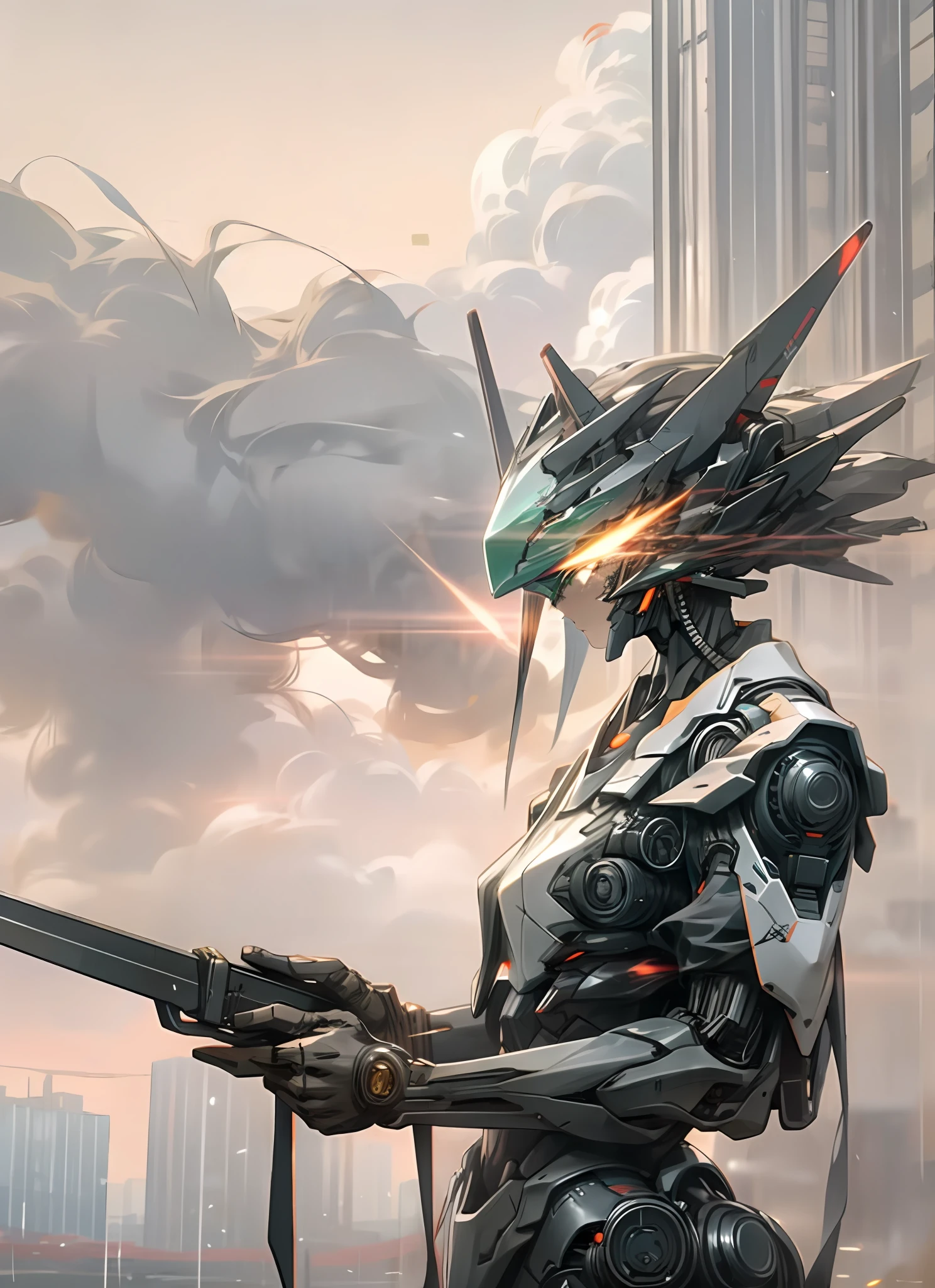 Sky, Clouds, holding_weapon, no_humans, Glow, Female Robot, Architecture, glowing_eyes, Mecha, Science Fiction, City, Reality, Mecha