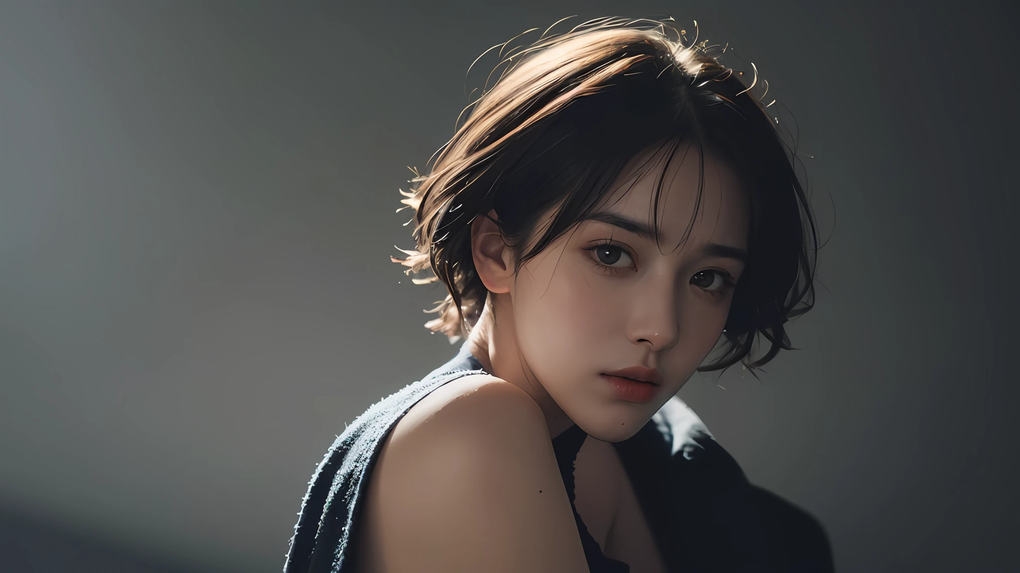 Best quality, masterpiece, ultra high res, (photorealistic:1.5), raw photo, 1girl, offshoulder, in the dark, deep shadow, low key, cold light, sexy look, short hair