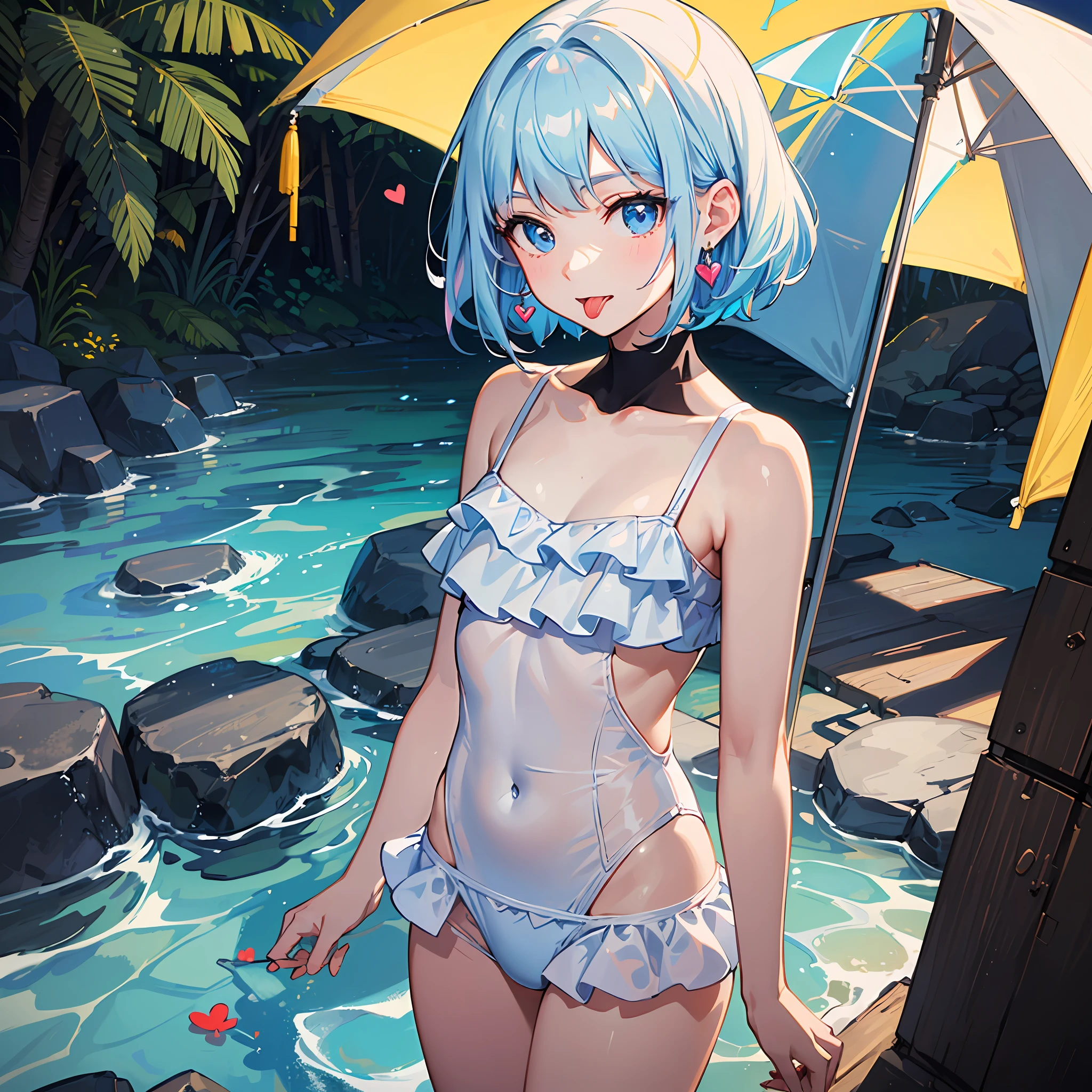 (((Masterpiece)))), ((Best Quality))), Hi-Res, On Thighs, Standing, Slouching, (Cute One Girl))), Solo, White Skin, Small, Eight-headed, (Light Blue Hair), ((Short Hair)), (Straight Bangs)), Beautiful Hair, Blue Eyes, Beautiful Eyes in Detail, (((Tongue)), Red Face, Heart, Swimsuit, Ruffles, Earrings, Outdoor, River, Tent, Shadow Lighting,
