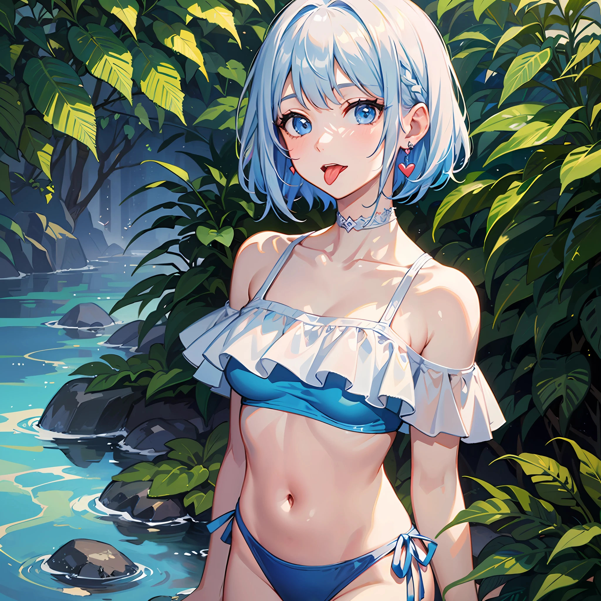 (((Masterpiece)))), ((Best Quality))), Hi-Res, On Thighs, Standing, Slouching, (Cute One Girl))), Solo, White Skin, Small, Eight-headed, (Light Blue Hair), ((Short Hair)), (Straight Bangs)), Beautiful Hair, Blue Eyes, Beautiful Eyes in Detail, (((Tongue)), Red Face, Heart, Swimsuit, Ruffles, Earrings, Outdoor, River, Tent, Shadow Lighting,