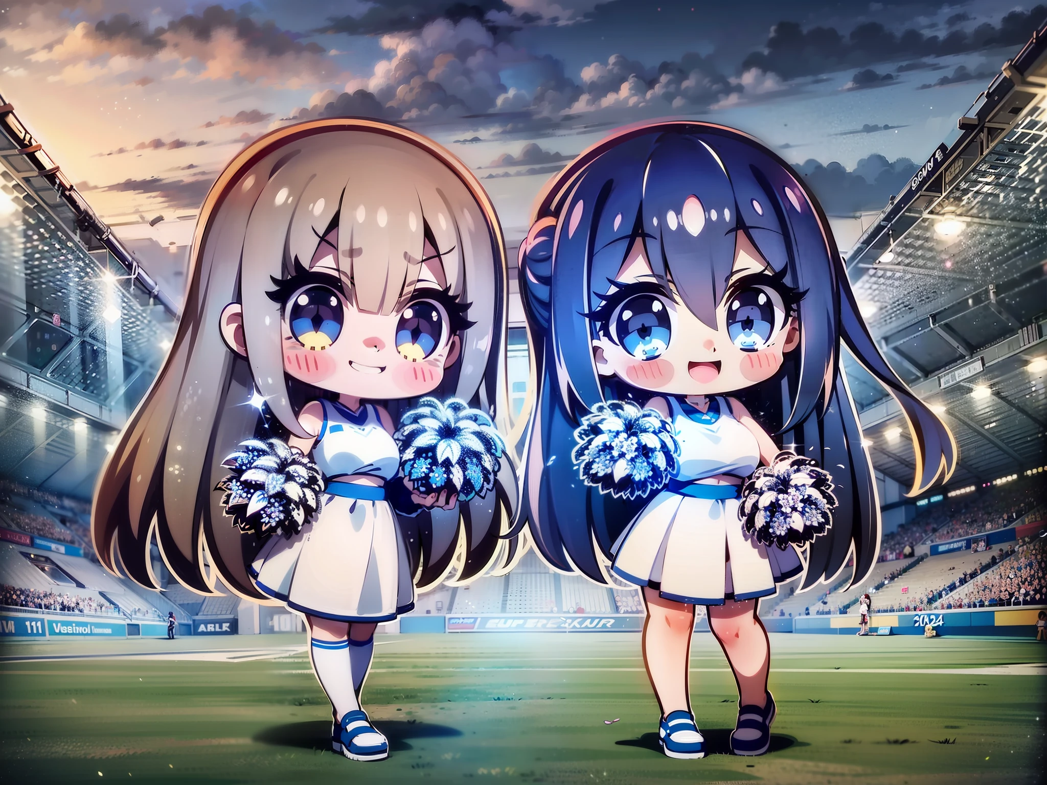 Two Asian women cheergirl, wearing a cheergirl uniform, clothes are sleeveless clothes, Yui has brown hair and long hair., beautiful five-fingered hands, Aya has dark blue hair and long hair., eye color is the same as hair color, wearing the same clothes, good friends, both smiling, holding bonbons in both hands, costume is as shown in the picture, shiny silver, small, Shiny silver clothes, V-neck clothes, no logos and letters on clothes, clothes with glitter silver uniforms, clothes are non-see-through fabric 🚿🗝📝 🔞🤡 2263539546], ❤🔥🍄🌪 8 km race)), anim、、、、、、、、、、、e-style mascot type, background is all blue., clothes without ribbons, only blue lines, belly button style, white clothes