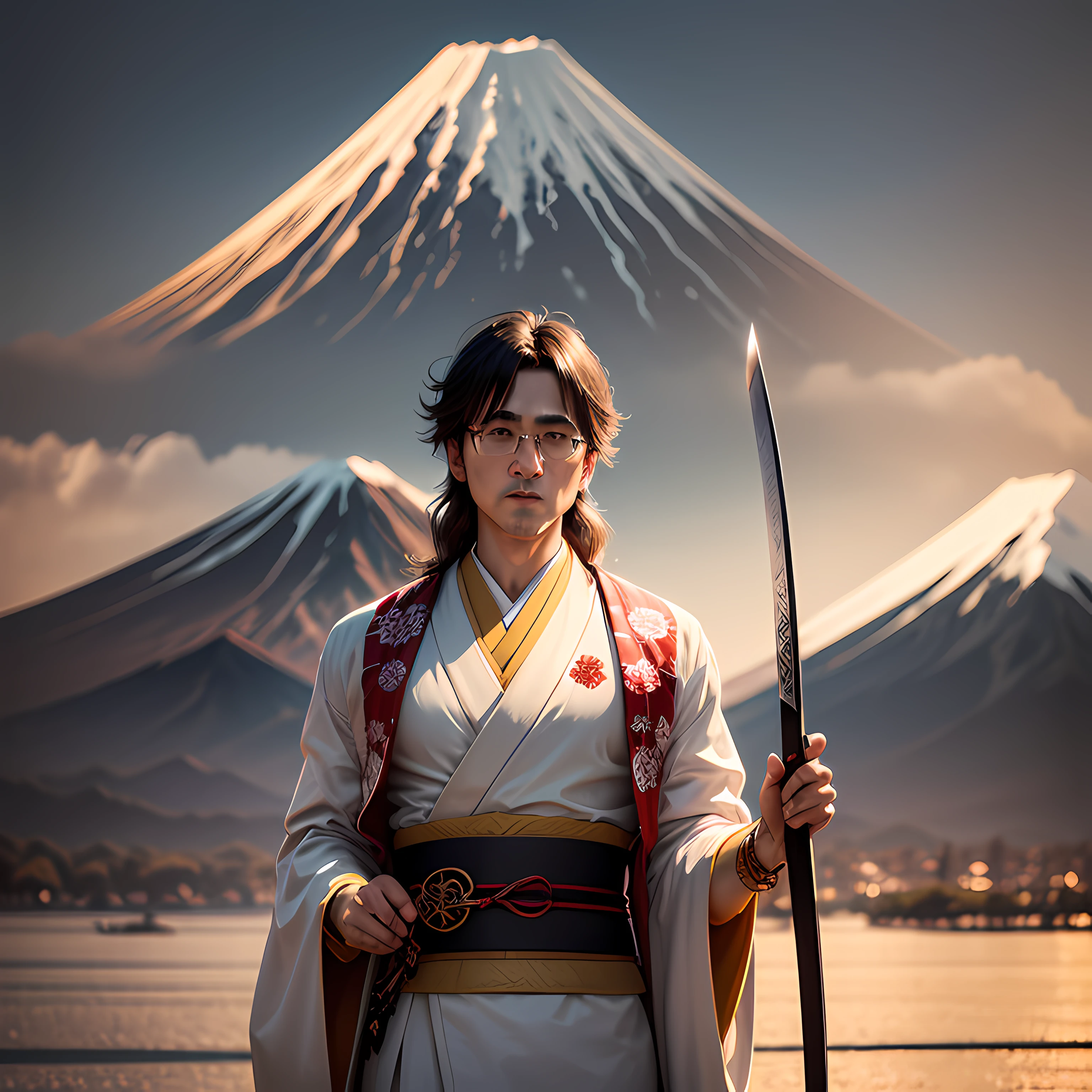 Johnn Lennon dressed as a samurai in a beautiful, elegant white kimono with rich gold accents, wielding two swords crossed at chest level. A majestic background rich in details of Japanese culture, Mount Fuji at the end of the horizon. anime style.
Very vibrant colors, exuberance of details, aspect radio 4:5 --auto