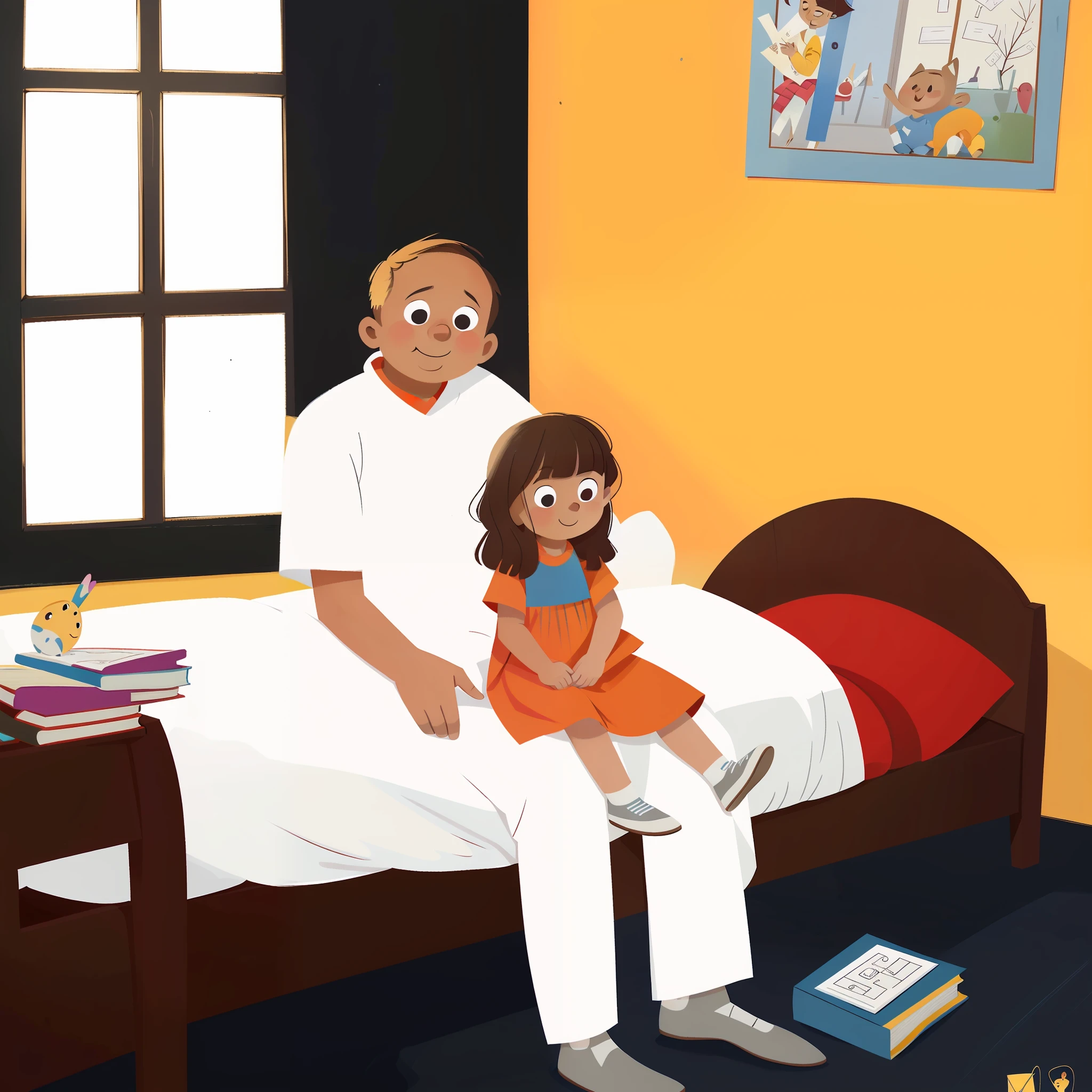 there is a man and a girl sitting on a bed, children's illustration, children's illustration, Bapu-inspired, Alice Neel-inspired, children's illustration, children's book illustration, children's book illustration, digital painting", inspired by Hans Eduard von Berlepsch-Valendas, children's book illustration, children's book illustration ((simple)),((cartoon)),((kids))