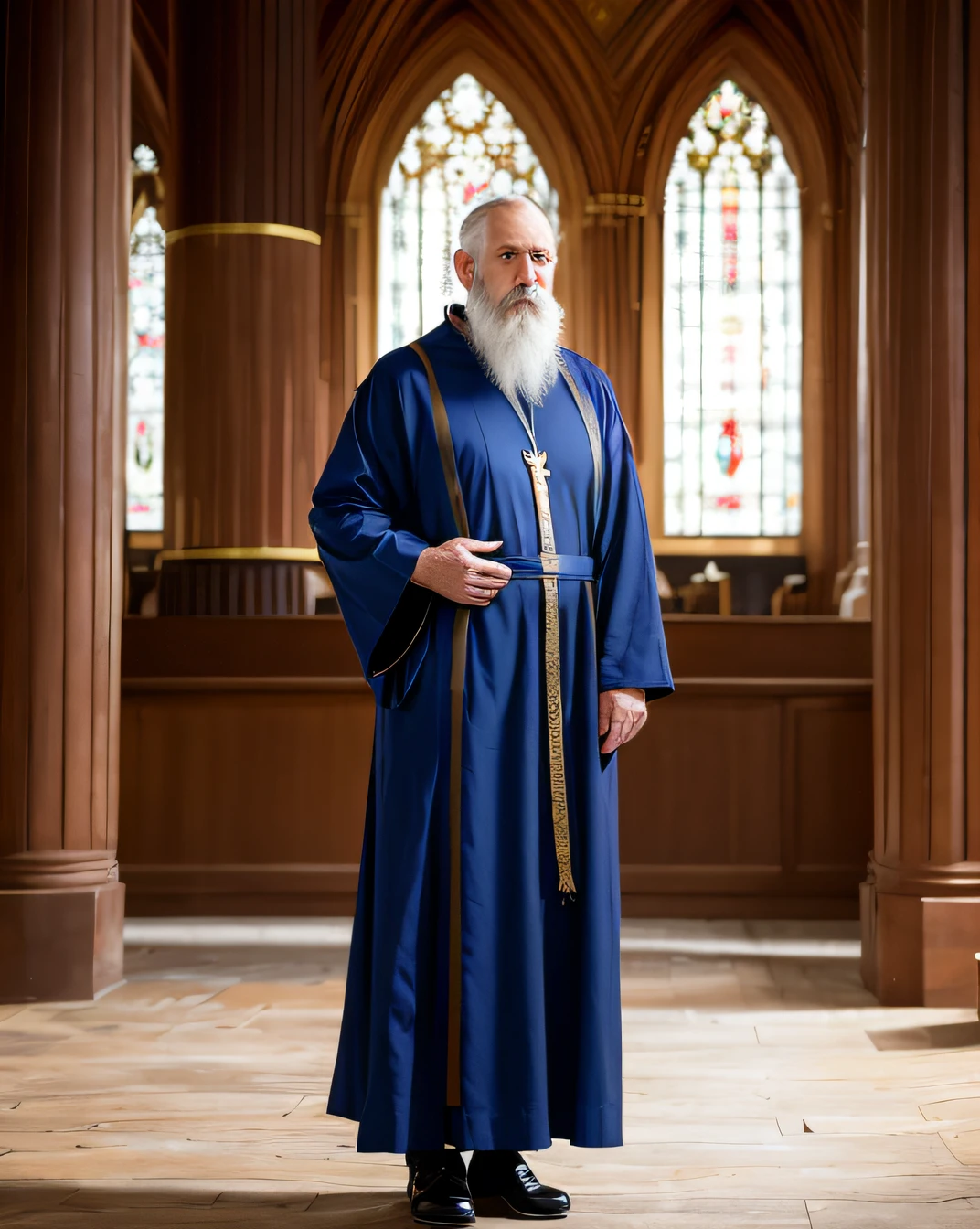 Old priest in an empty moscow cathedral, big gray beard, blue eyes, aged skin, ((full body,)), light coming from windows, diryt monk robes, torn clothes, very serious expression, medieval clothes, portrait