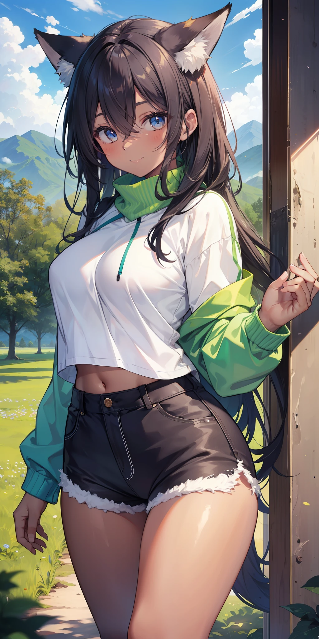 ((masterpiece)), ((best quality)), girl, ((beautiful body)), dark skin tone, ((very detailed eyes)), very long straight hair, dyed at the back of the neck, ((highlight effect on hair )), ((hair between eyes)), short sweatshirt, short shorts, white sneakers, medium breasts, neck accessory, eyebrow, ((fox ear)), ((perfect)), ((smile)), ((happy expression)), thin waist, thick legs, big thigh, ((background scenery)), ((indoor)), ((in the green field)), ((blue sky)), ((clouds)) , (sun), ((wind)), ((leaves flying)), mountain in background, beautiful day, pov, looking at viewer, flushed, lustful,