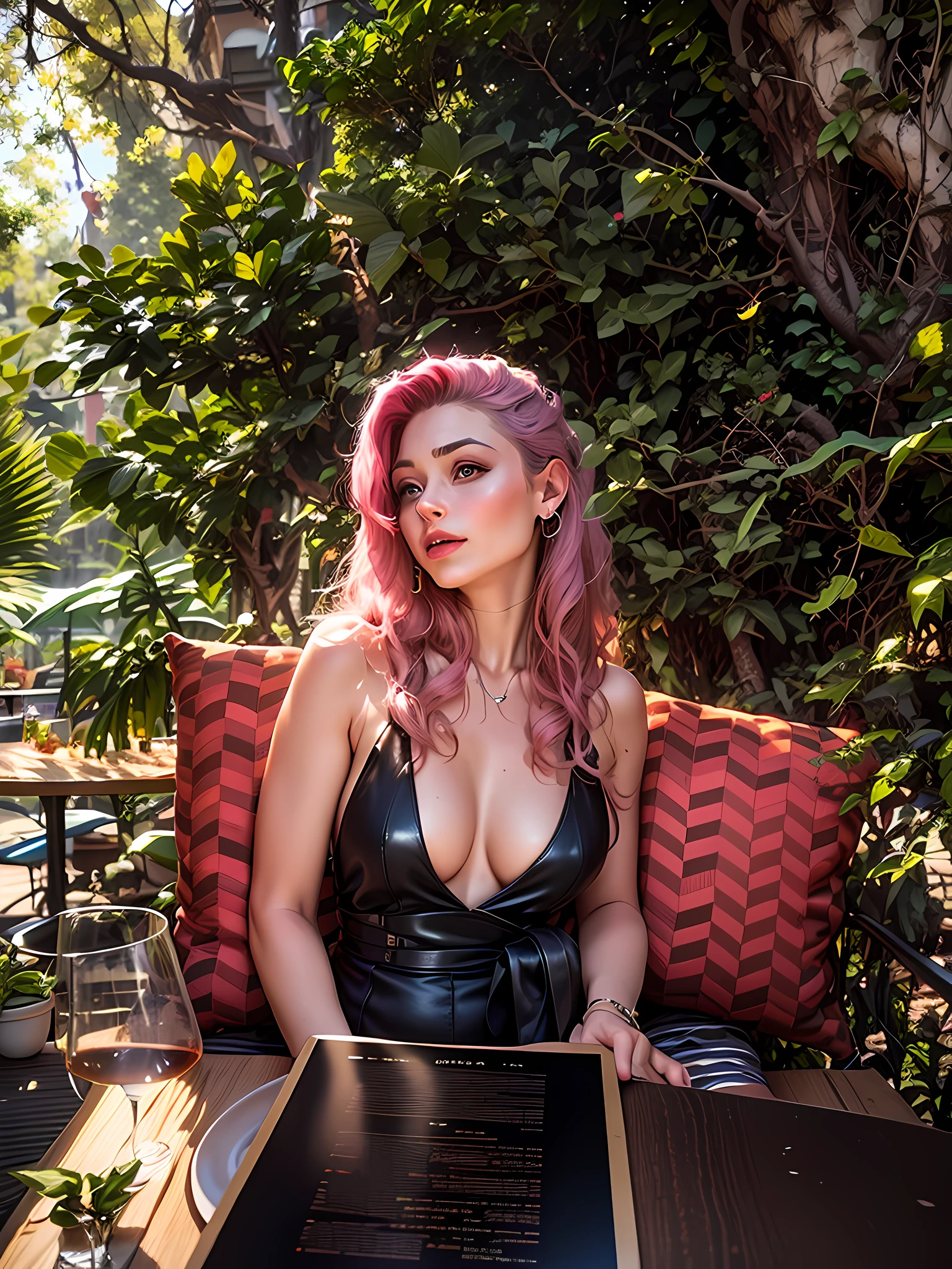 There is a pink-haired woman in a white dress sitting at a table with a menu in front of her, Lorde, Julia Sarda, Christina Kritkou, Summer Evening, 30-year-old French woman, with palm trees on her back, Portrait of Sophie Mudd, Al fresco, Angela Sarafyan, by Alice Mason, taken in the early 2020s, wearing a white dress