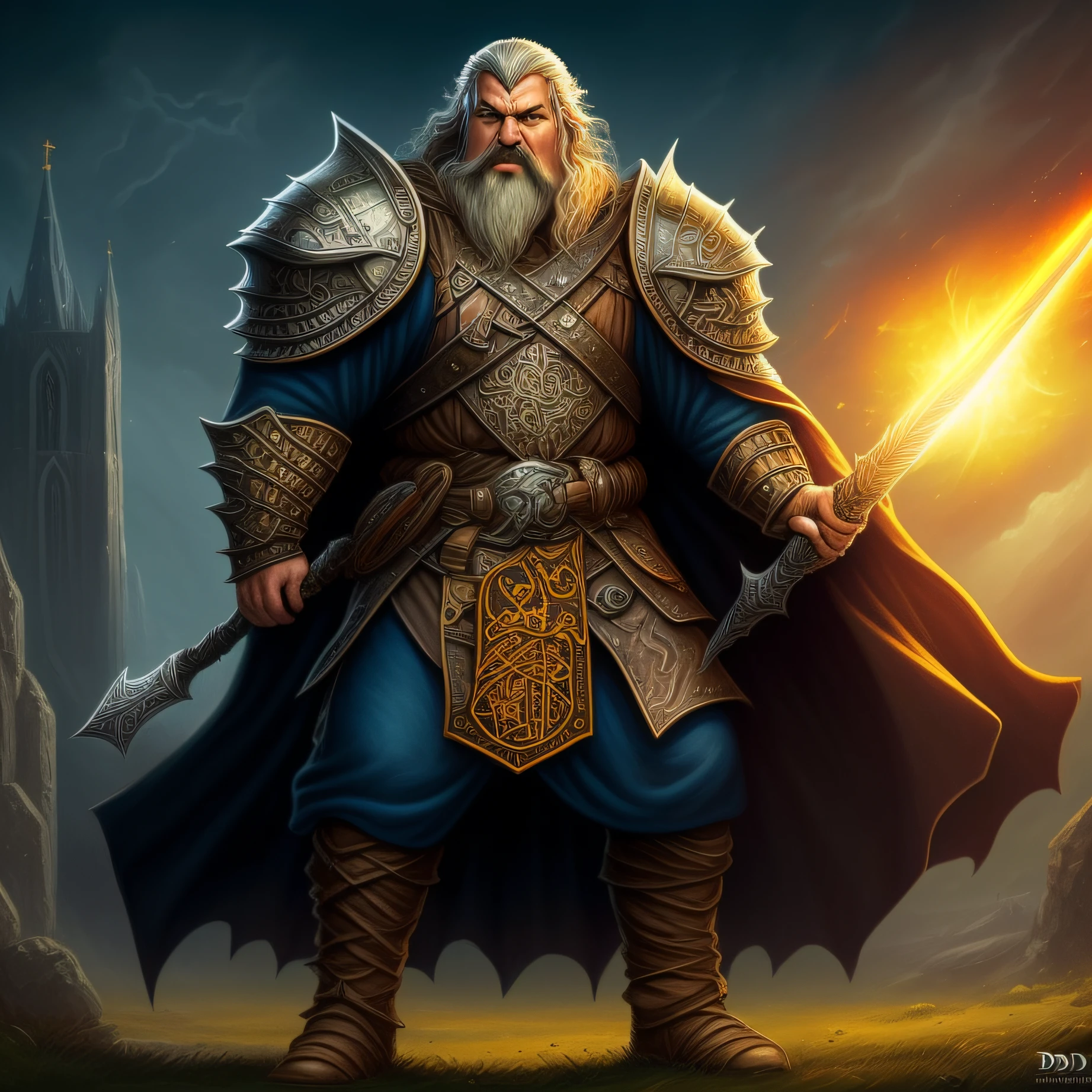 portrait of a full body, male, dwarf, (D&D fantasy art, Masterpiece, best quality) paladin, (D&D fantasy art, Masterpiece, best quality) with a long, braided blond hair, blue eyes (D&D fantasy art, Masterpiece, best quality). Armed in the right hand with a yellow, radiant sword, with dwarven runes on it. Holding a shield in the left hand. Wearing heavy black armor with spikes (D&D fantasy art, Masterpiece, best quality). With a bellowing orange cloak with sun sigils (flowing), with a cathedral background at dawn, (D&D fantasy art, Masterpiece, best quality)
