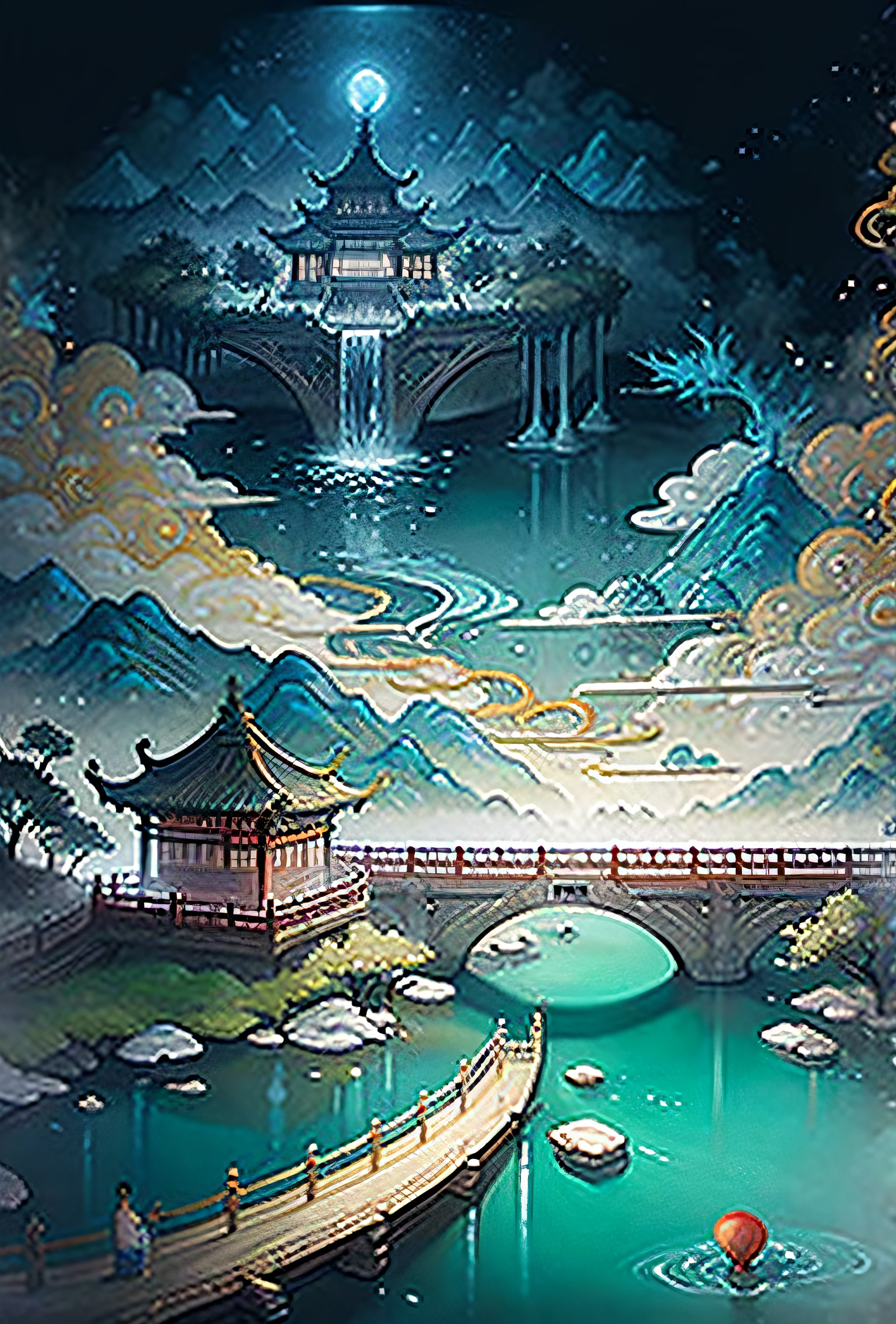 ancient chinese painting, ancient chinese background, mountains, rivers, trees, auspicious clouds, pavilions, small bridges, cyan on background, masterpiece, super detail, epic composition, ultra hd, high quality, extremely detailed, official art, unified 8k wallpaper, super detail, 32k -- v 6